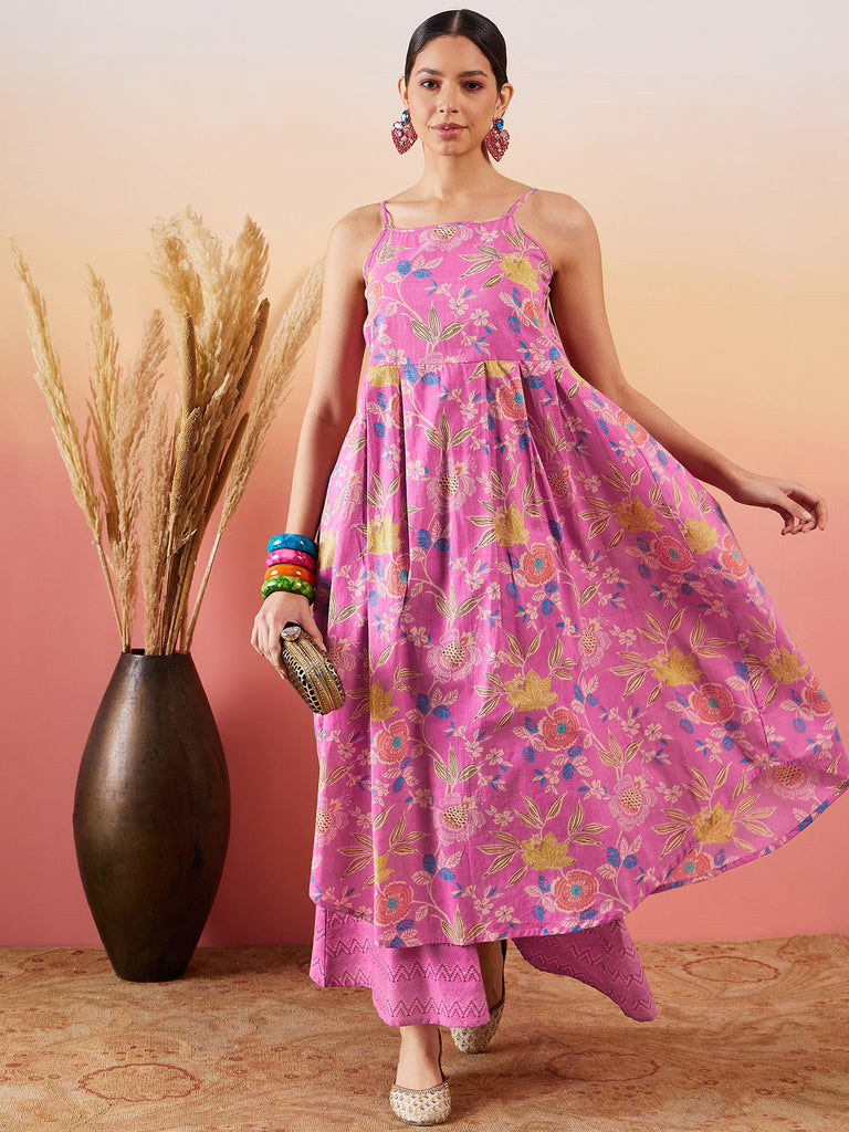 Women's Dull Pink Floral Print Strappy Printed Palazzo Set