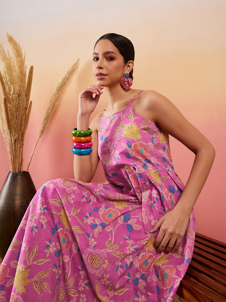 Women's Dull Pink Floral Print Strappy Printed Palazzo Set