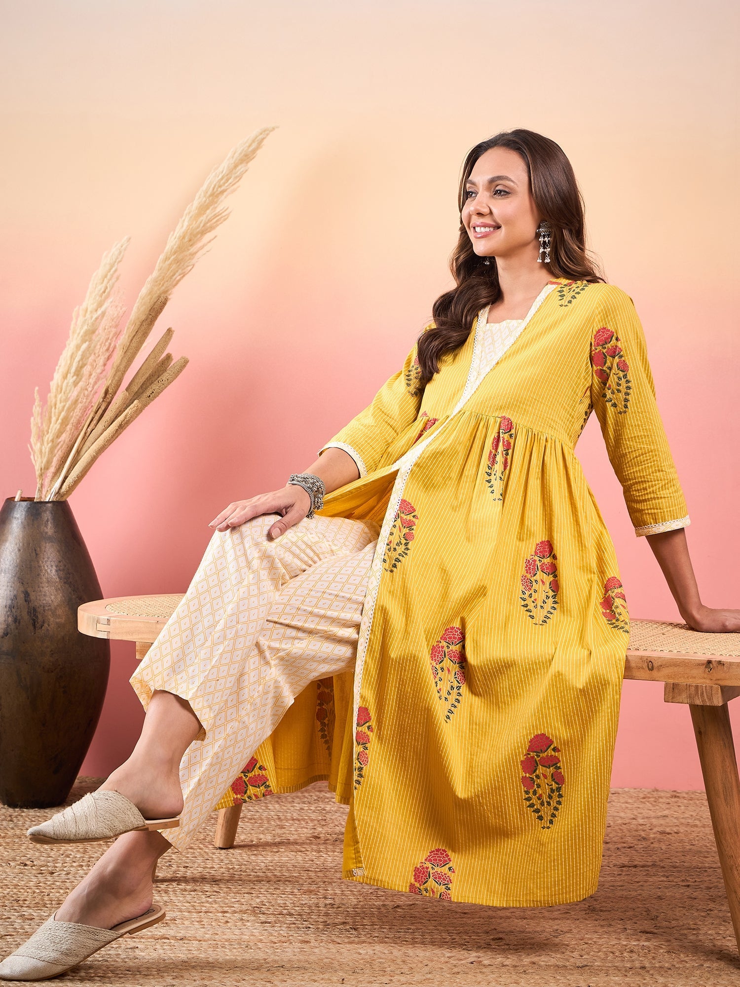 Women's Yellow Striped V Neck Lace Front Slit Kurta Pant Set - InWeave