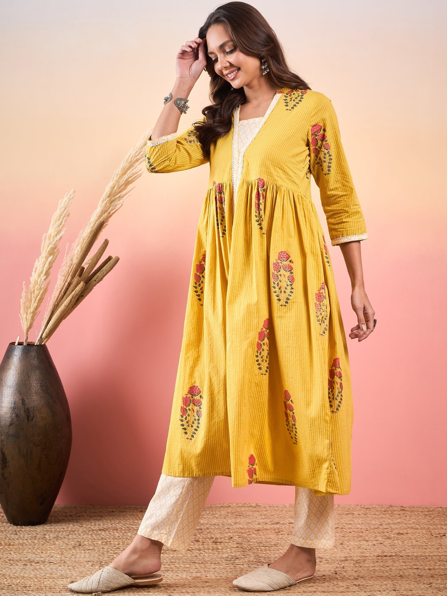 Women's Yellow Striped V Neck Lace Front Slit Kurta Pant Set - InWeave