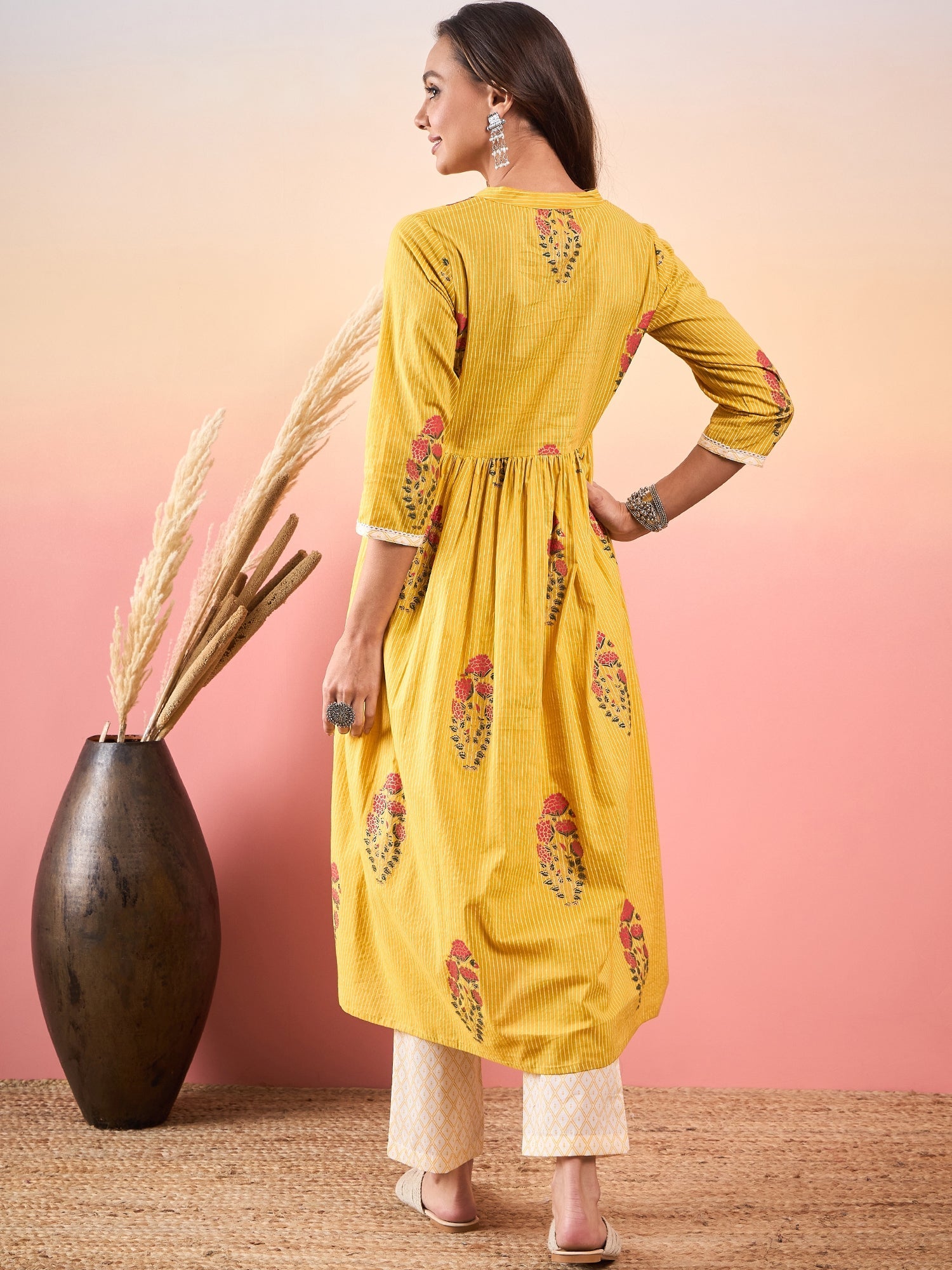 Women's Yellow Striped V Neck Lace Front Slit Kurta Pant Set - InWeave