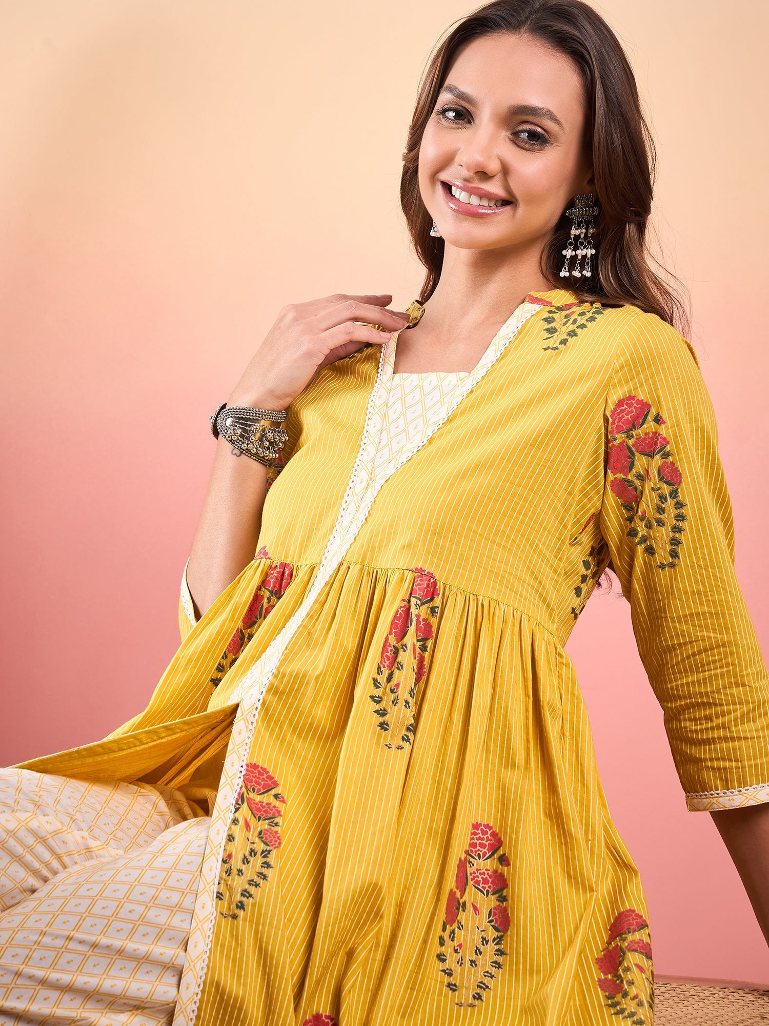 Women's Yellow Striped V Neck Lace Front Slit Kurta Pant Set - InWeave