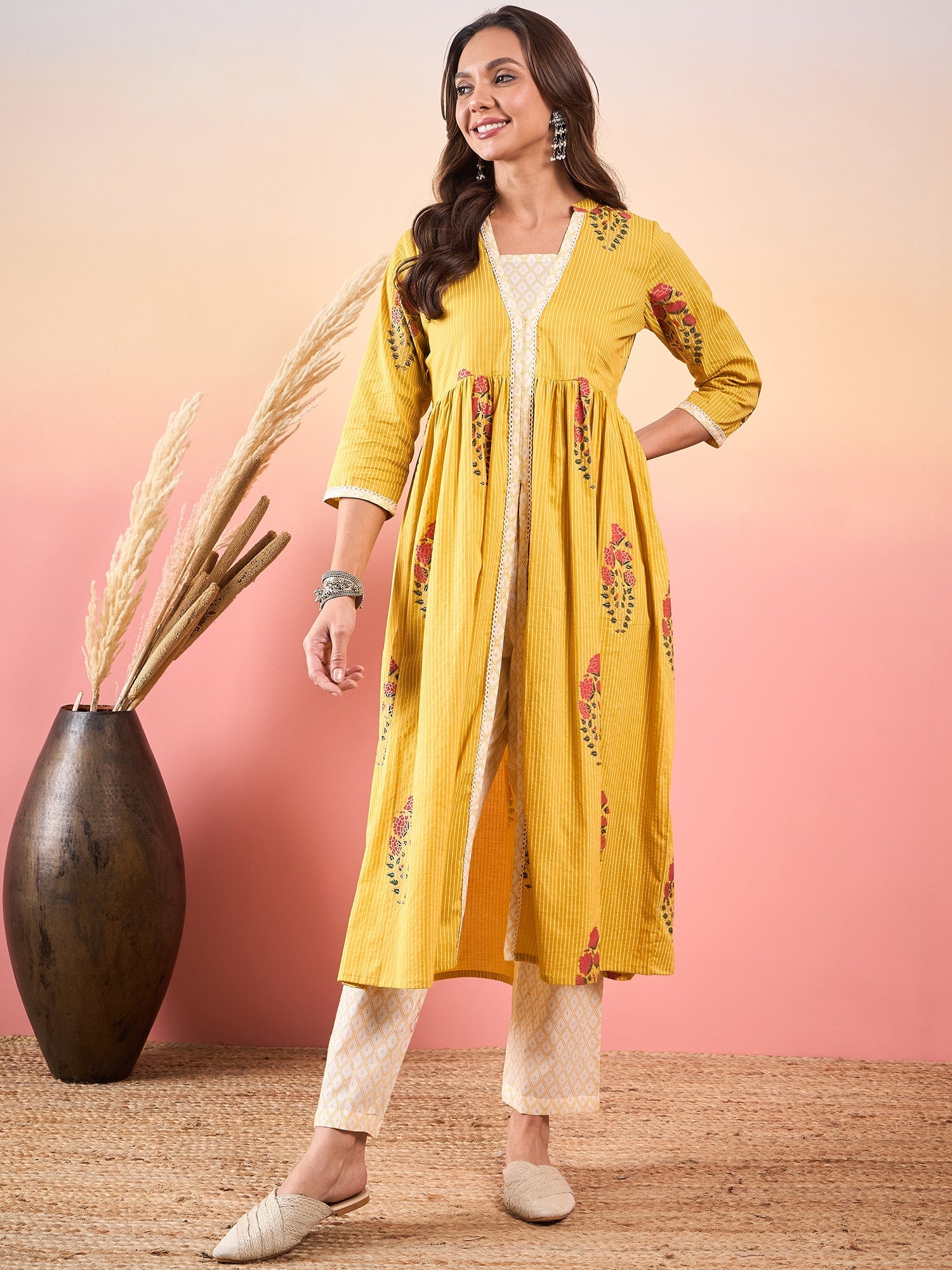 Women's Yellow Striped V Neck Lace Front Slit Kurta Pant Set - InWeave