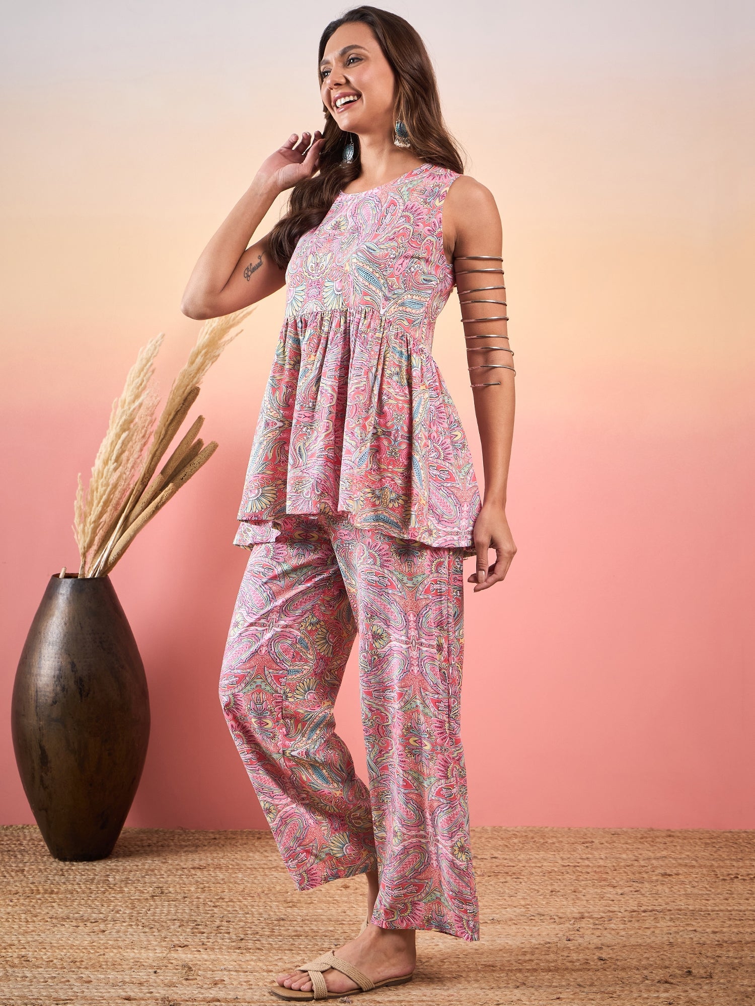 Women's Pink Multi Paisley Print Round Neck Co-ord Set - InWeave