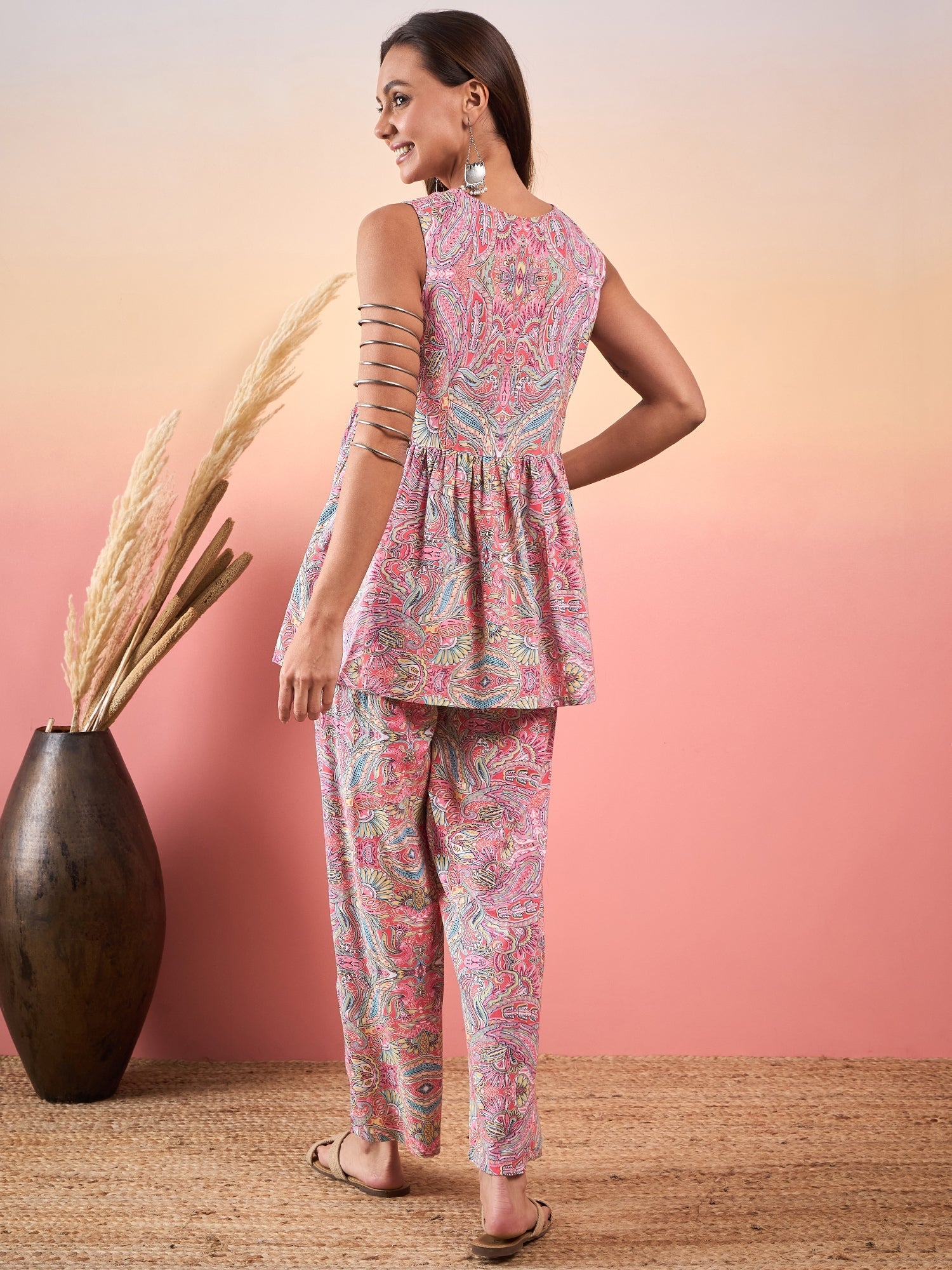 Women's Pink Multi Paisley Print Round Neck Co-ord Set - InWeave