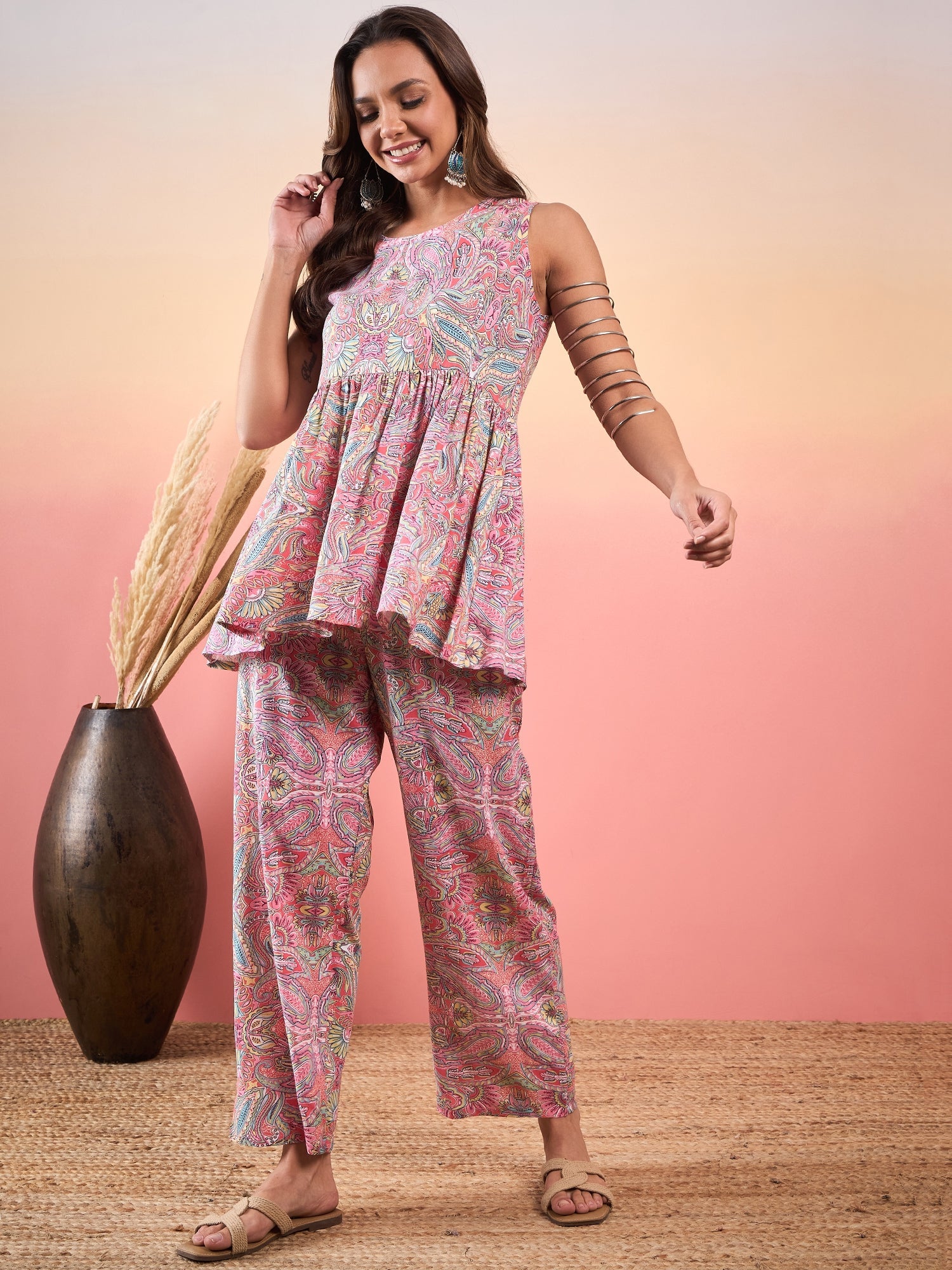 Women's Pink Multi Paisley Print Round Neck Co-ord Set - InWeave