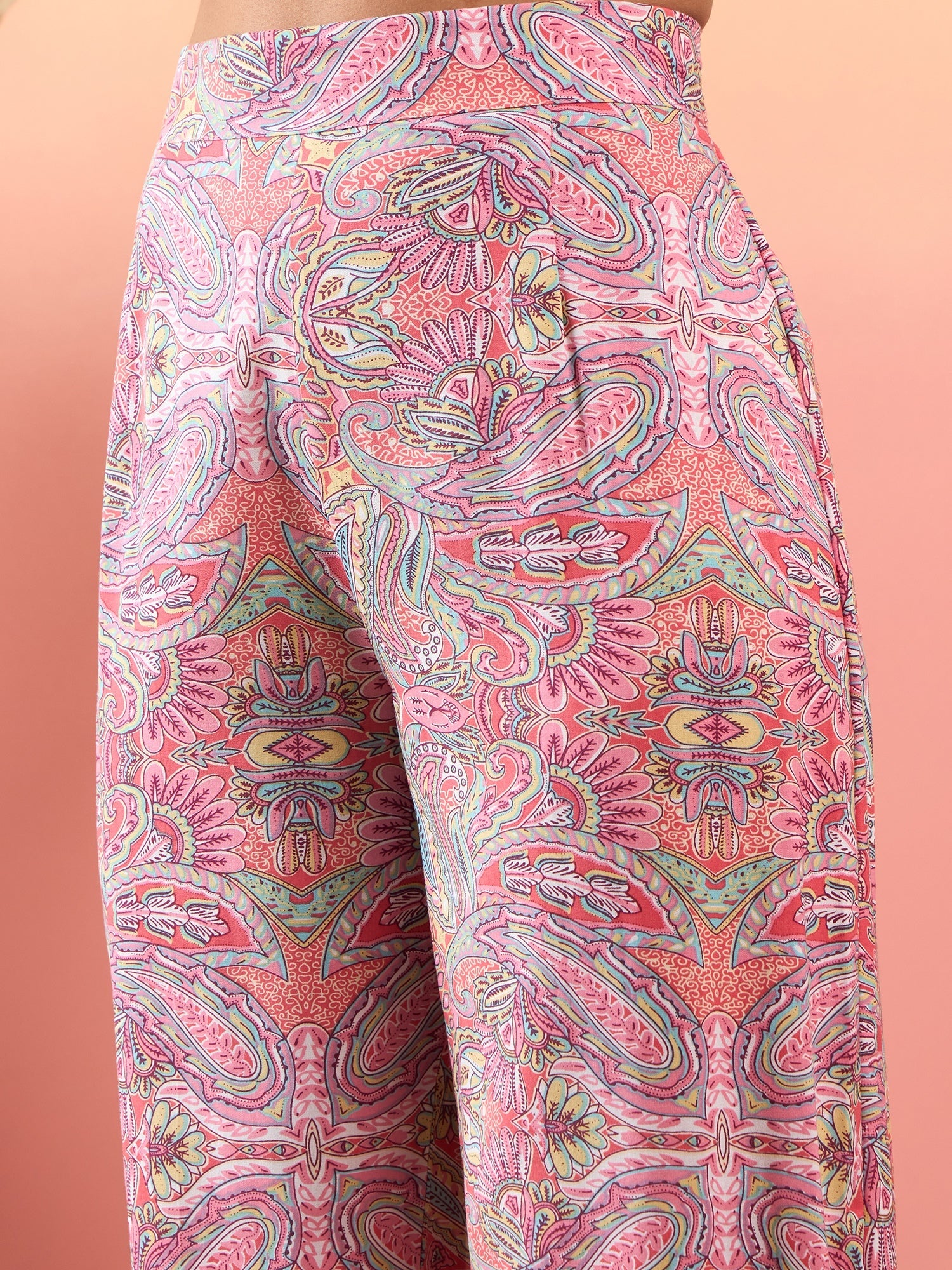 Women's Pink Multi Paisley Print Round Neck Co-ord Set - InWeave