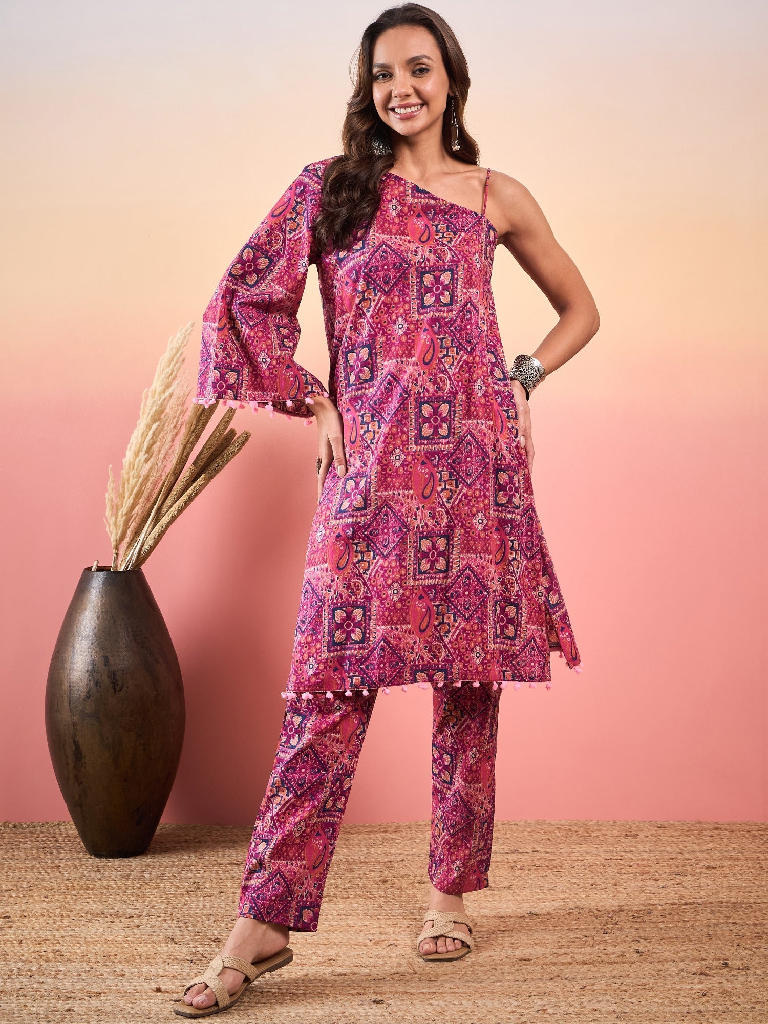 Women's Pink Violet Printed Oneshoulder Strapp Kurta Set - InWeave