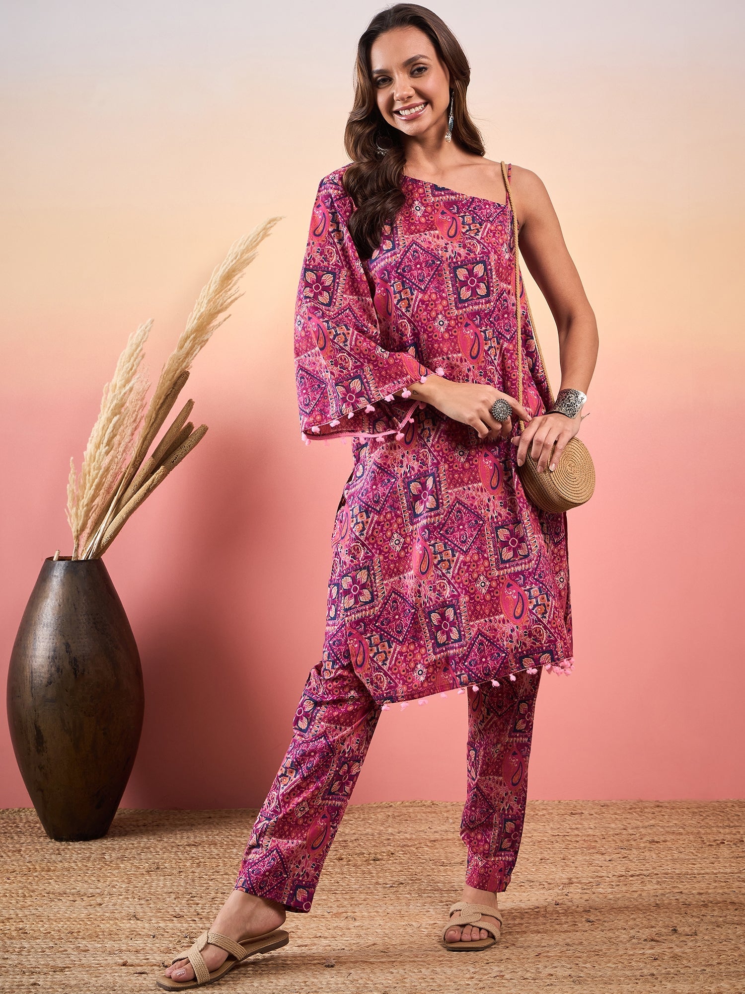 Women's Pink Violet Printed Oneshoulder Strapp Kurta Set - InWeave