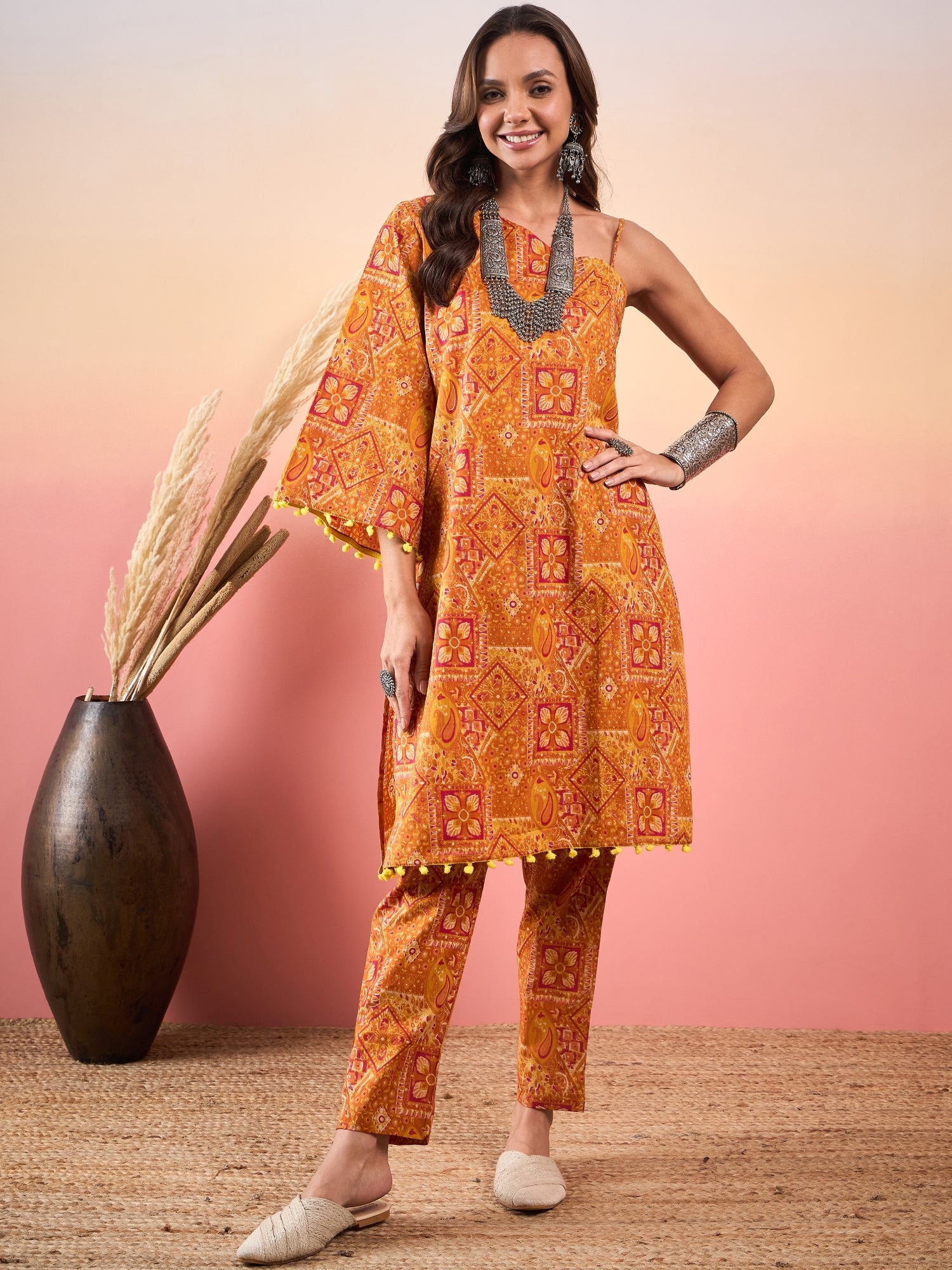 Women's Mustard Orange Printed Oneshoulder Strapp Kurta Set - InWeave