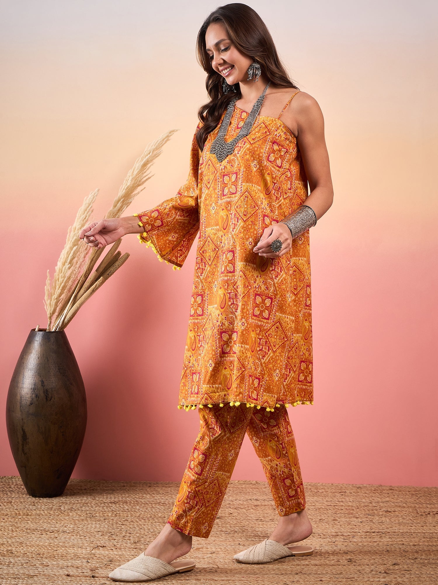 Women's Mustard Orange Printed Oneshoulder Strapp Kurta Set - InWeave