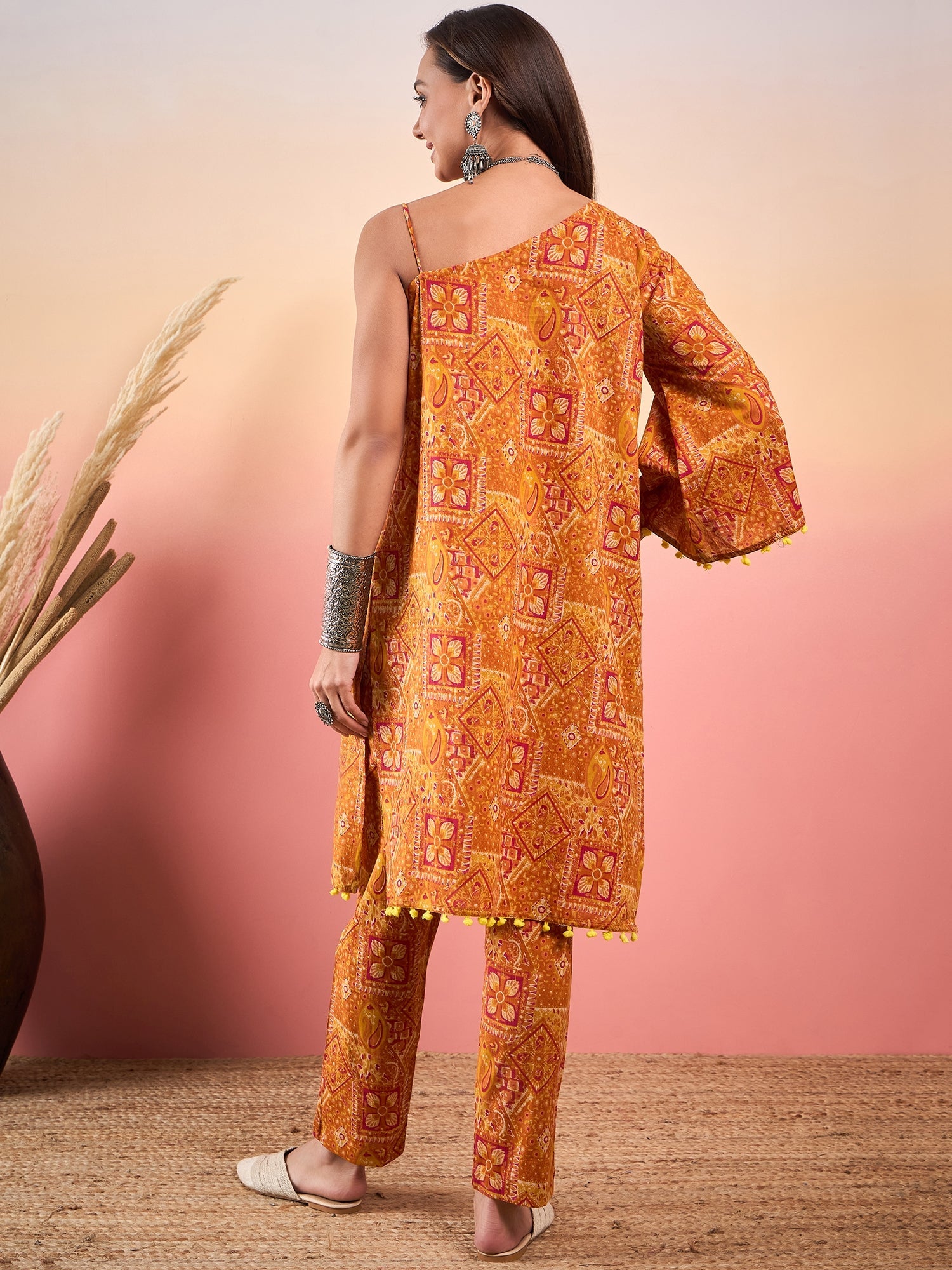 Women's Mustard Orange Printed Oneshoulder Strapp Kurta Set - InWeave