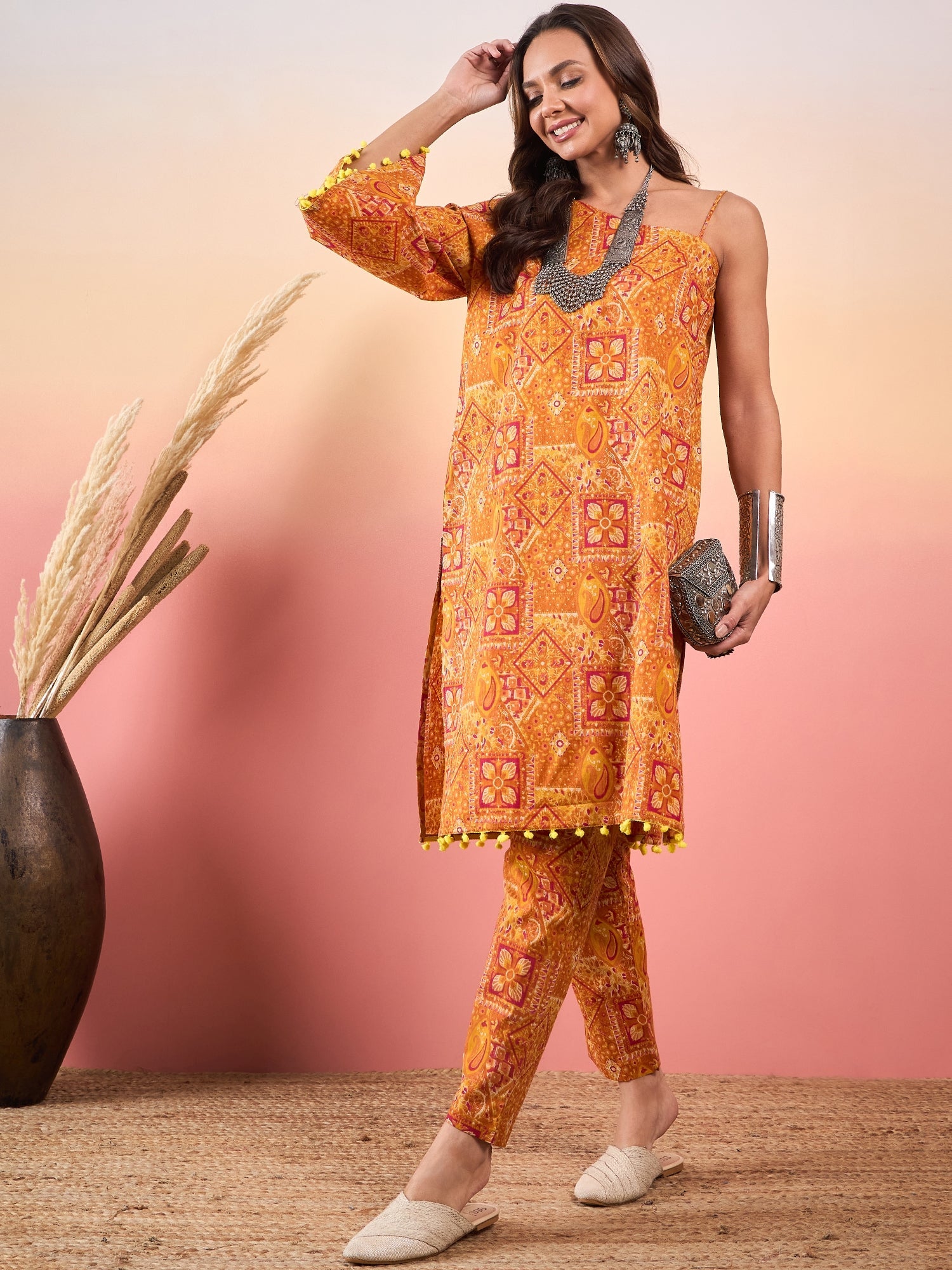 Women's Mustard Orange Printed Oneshoulder Strapp Kurta Set - InWeave