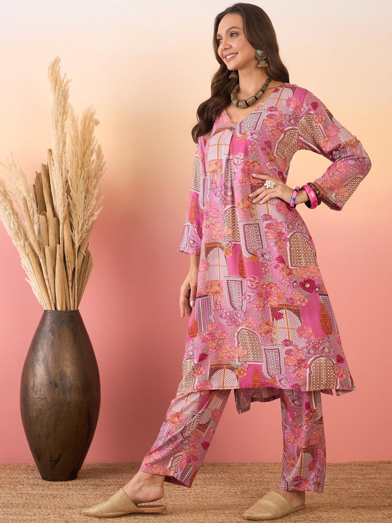 Women's Dusty Pink Window Print V Neck Kurta Pant Set