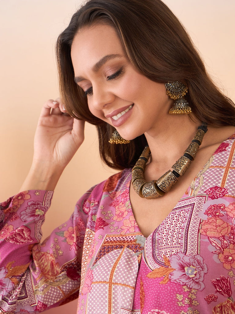 Women's Dusty Pink Window Print V Neck Kurta Pant Set