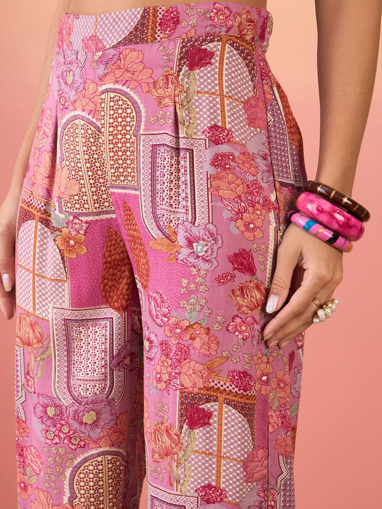 Women's Dusty Pink Window Print V Neck Kurta Pant Set