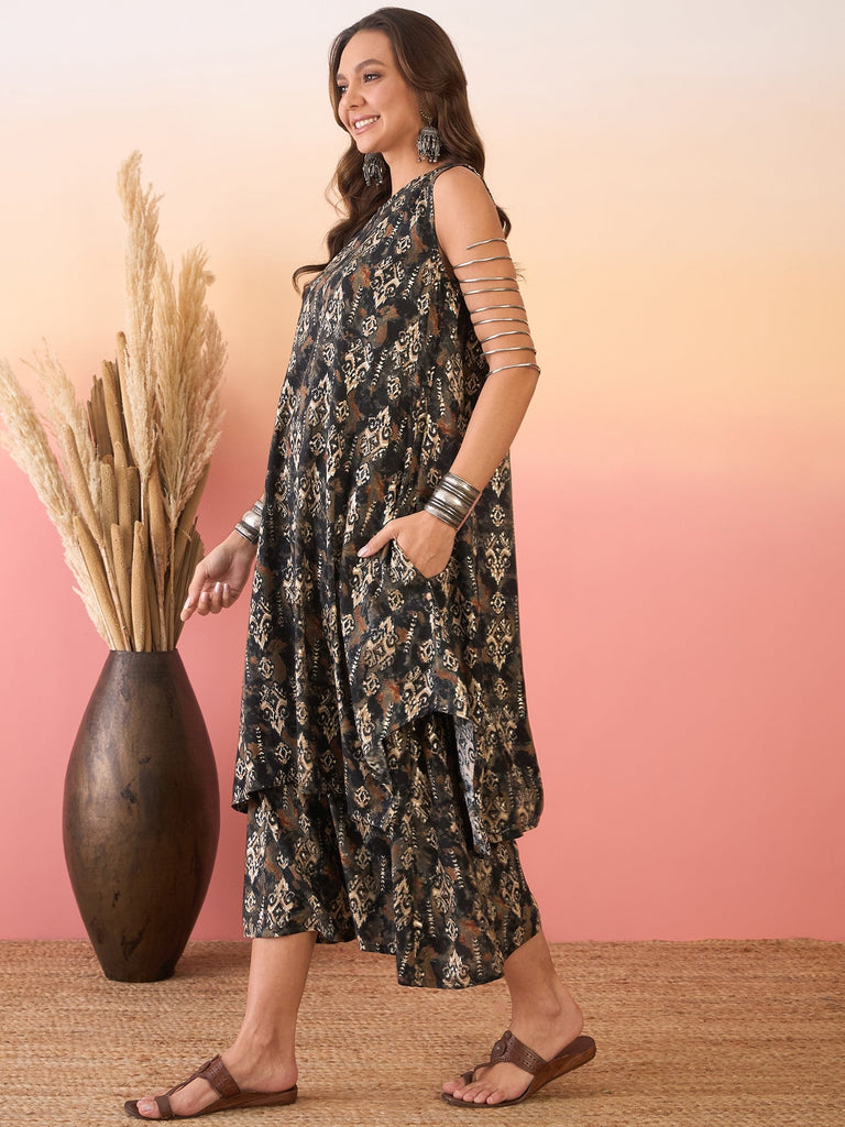 Women's Black Ikkat Print Foil Round Neck Palazzo Set