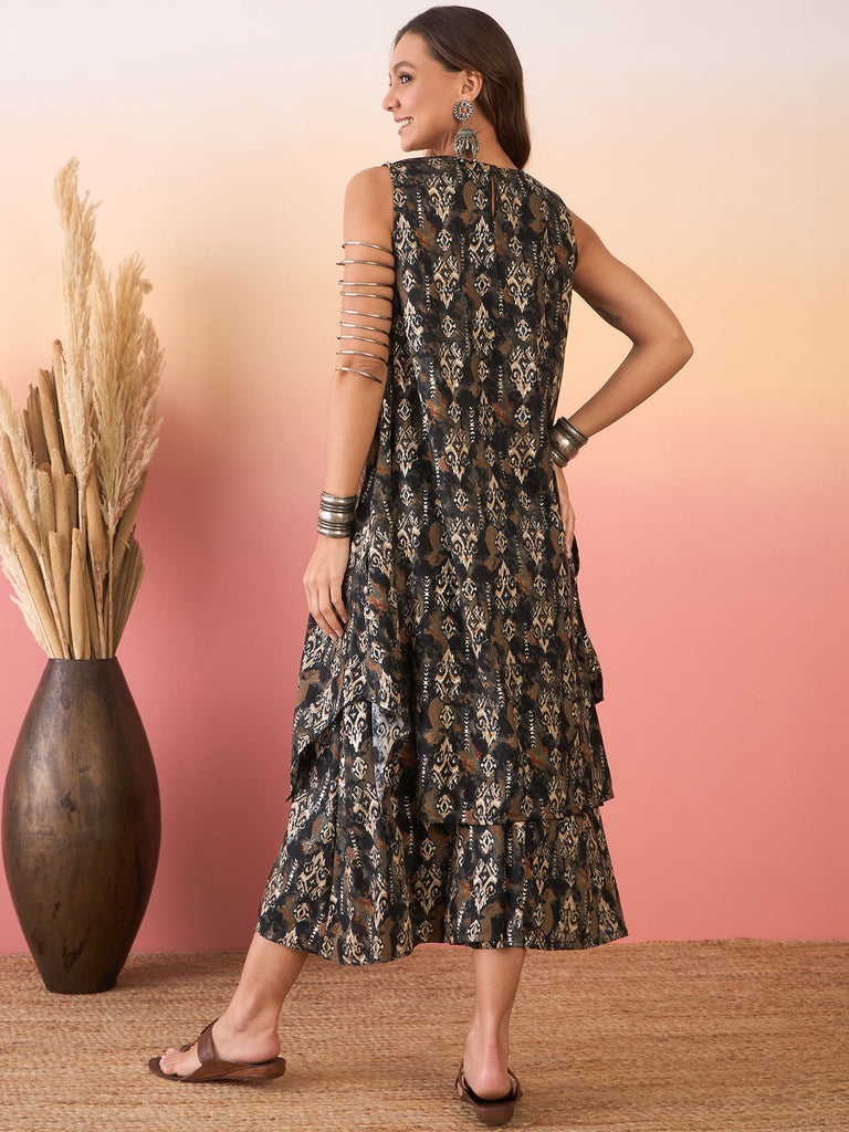 Women's Black Ikkat Print Foil Round Neck Palazzo Set