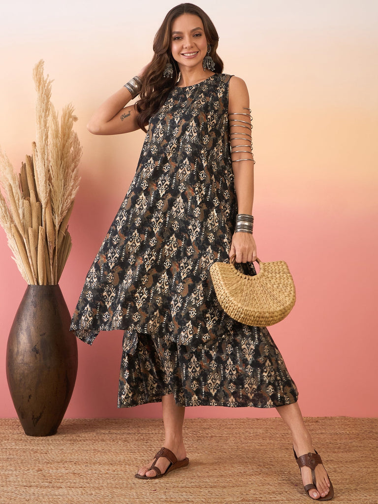 Women's Black Ikkat Print Foil Round Neck Palazzo Set