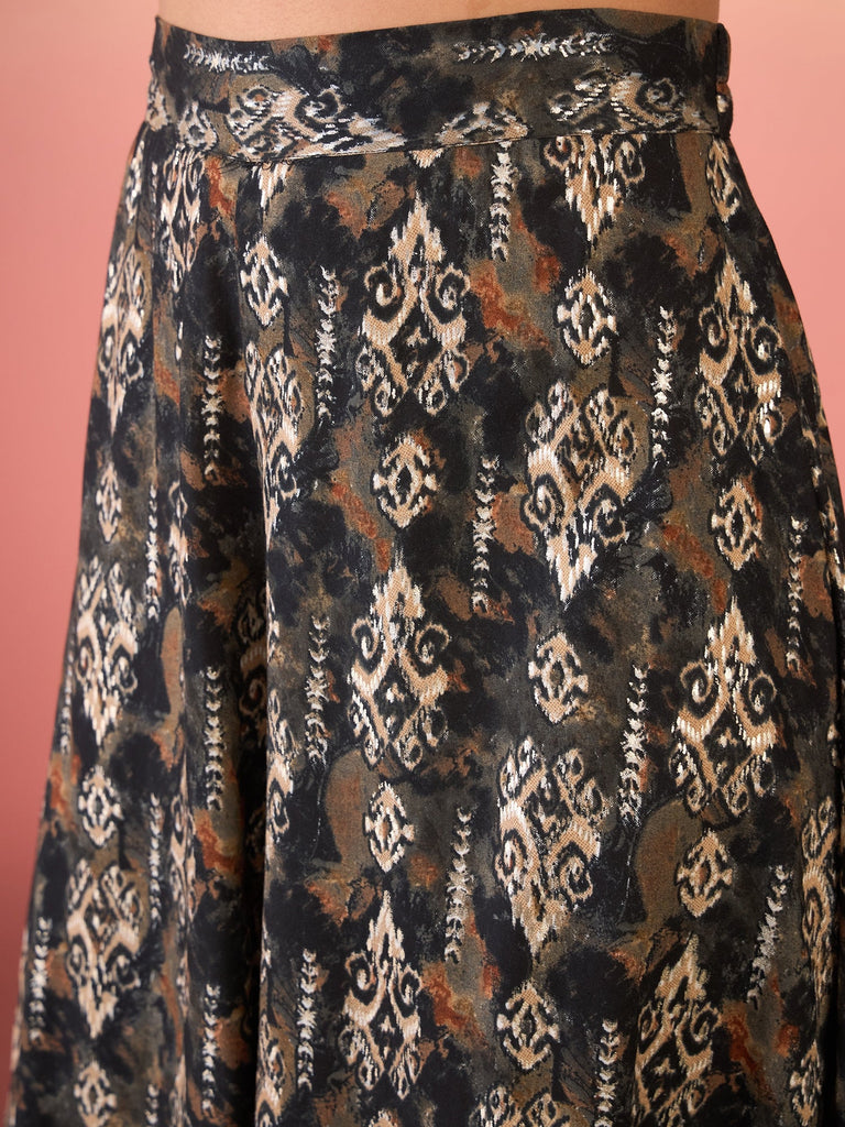 Women's Black Ikkat Print Foil Round Neck Palazzo Set