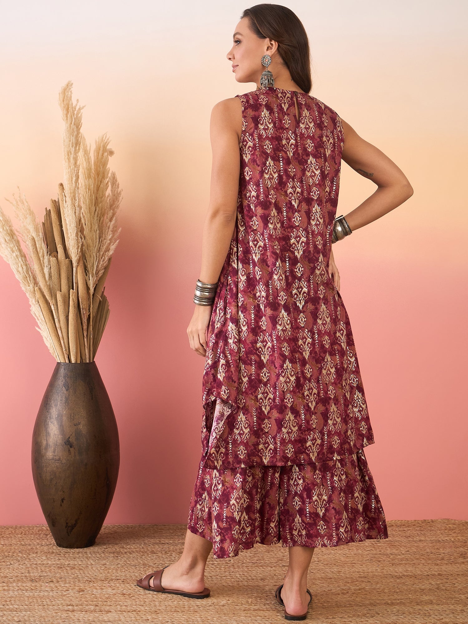 Women's Burgundy Ikkat Print Foil Round Neck Palazzo Set - InWeave