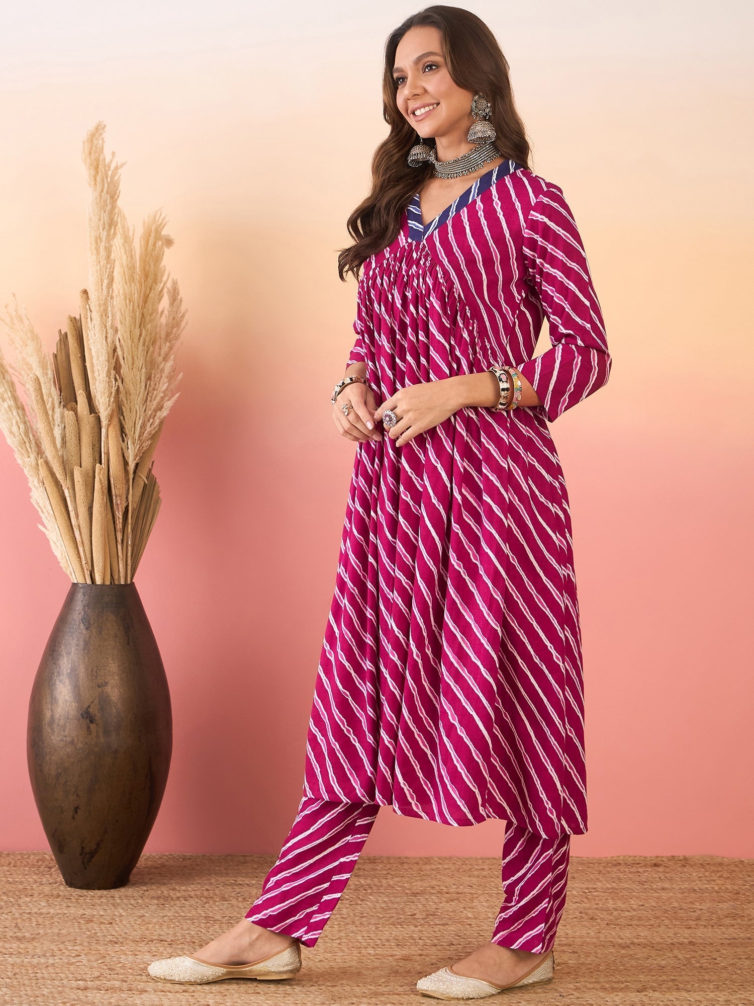 Women's Purple White Lehariya Berry Blue V Neck Alia Cut Kurta Set