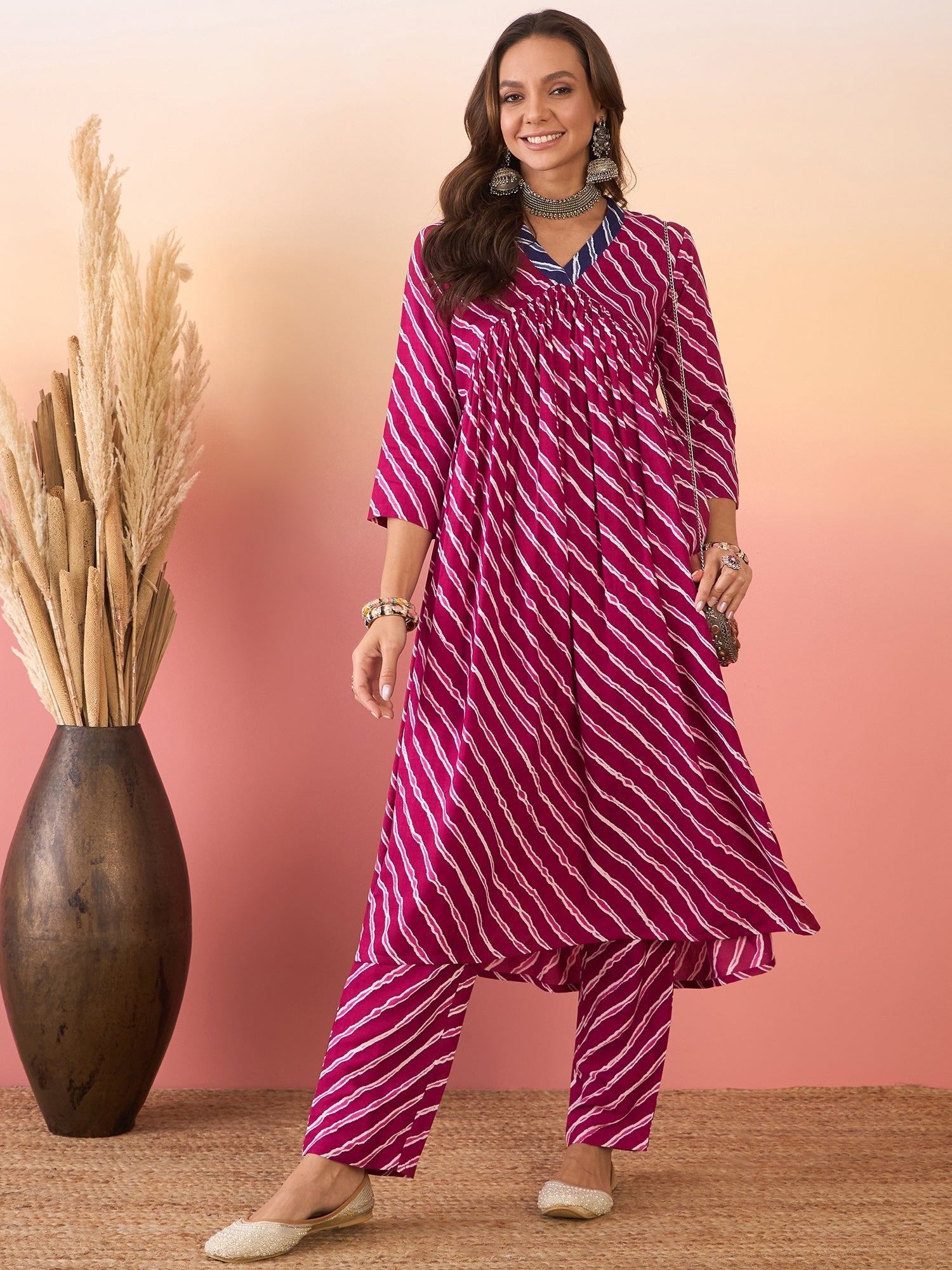 Women's Purple White Lehariya Berry Blue V Neck Alia Cut Kurta Set