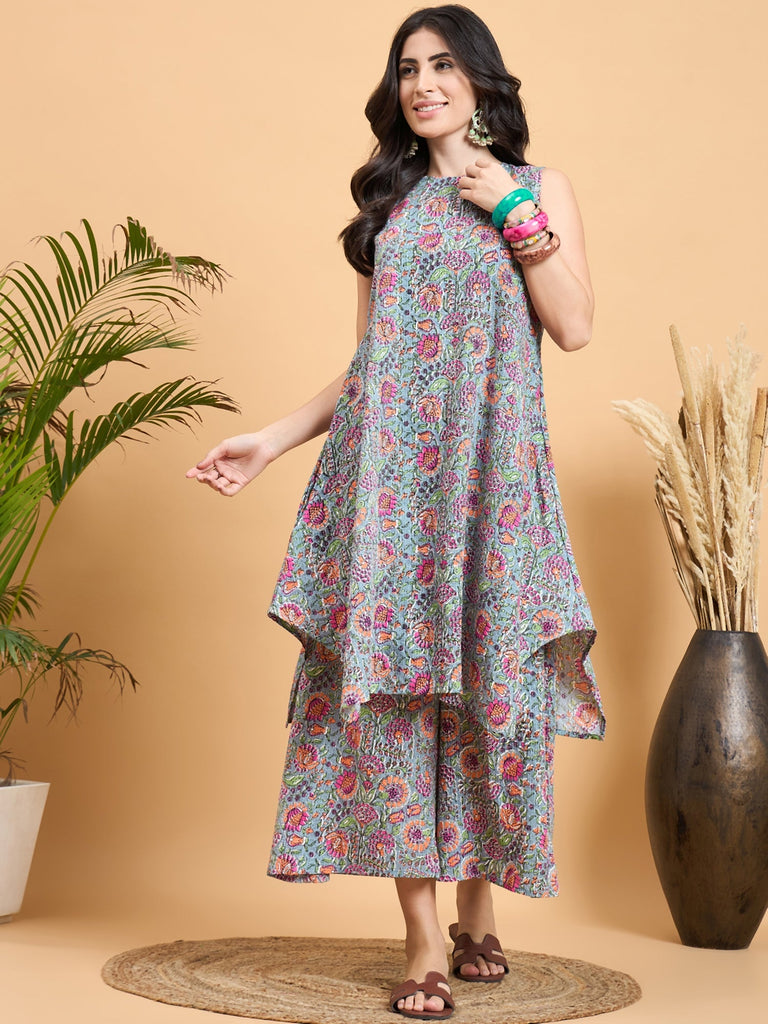Women's Grey Kantha Floral Jaal Short Palazzo Set