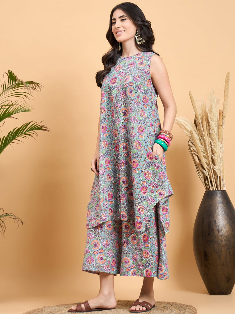 Women's Grey Kantha Floral Jaal Short Palazzo Set