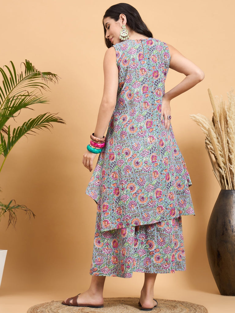 Women's Grey Kantha Floral Jaal Short Palazzo Set