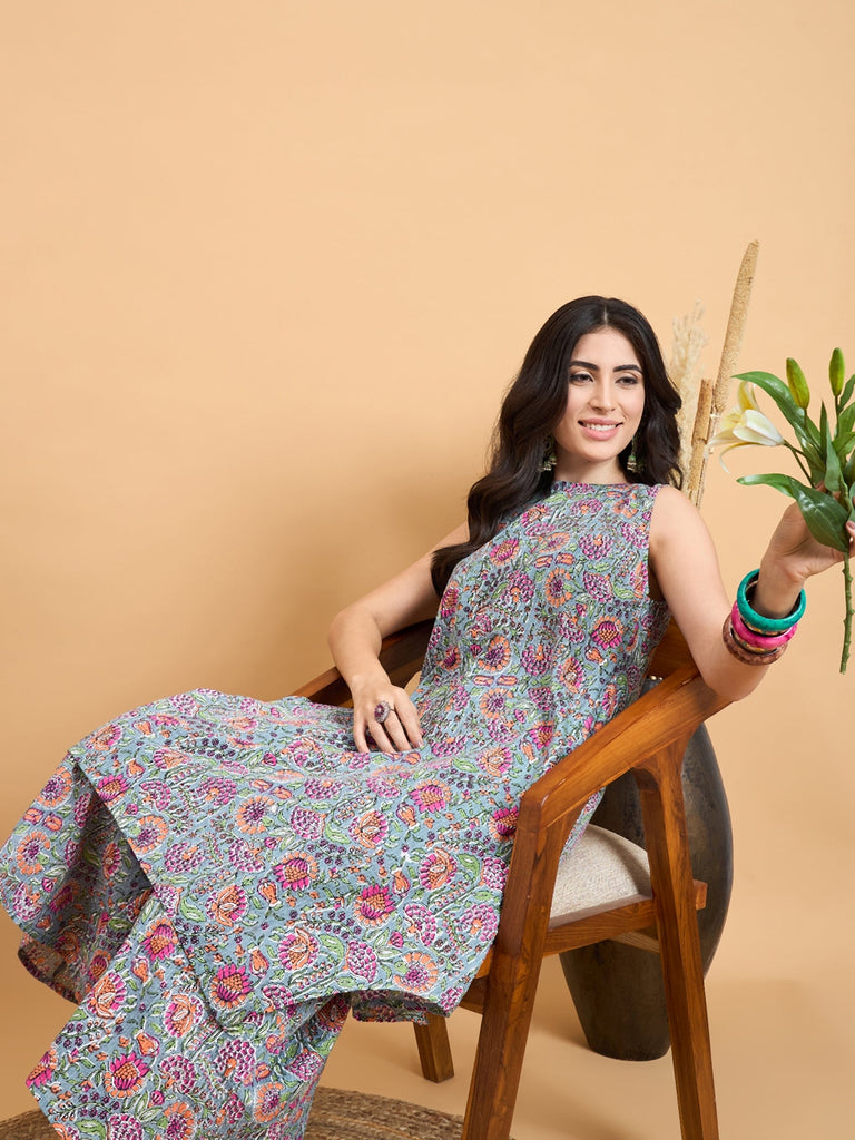 Women's Grey Kantha Floral Jaal Short Palazzo Set