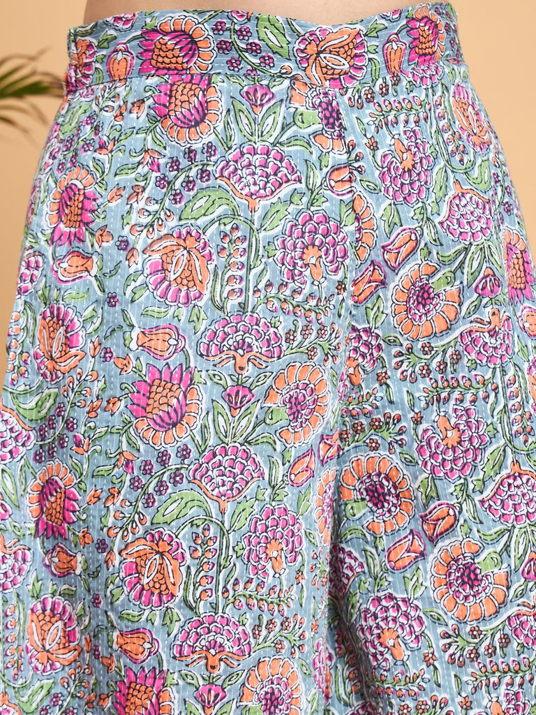 Women's Grey Kantha Floral Jaal Short Palazzo Set