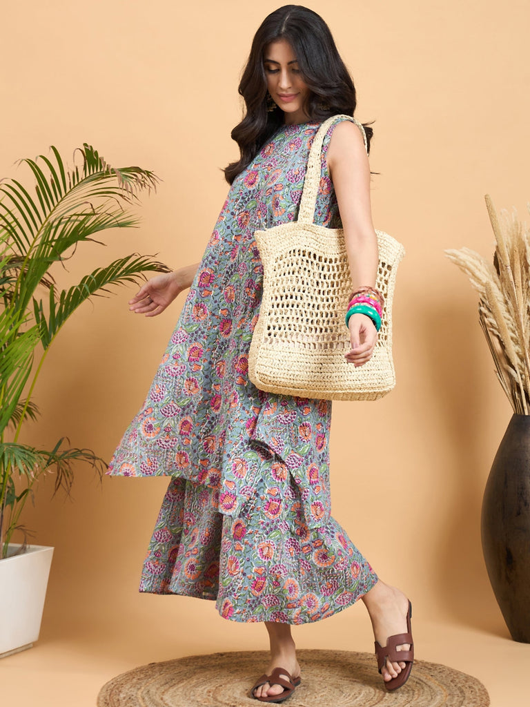 Women's Grey Kantha Floral Jaal Short Palazzo Set