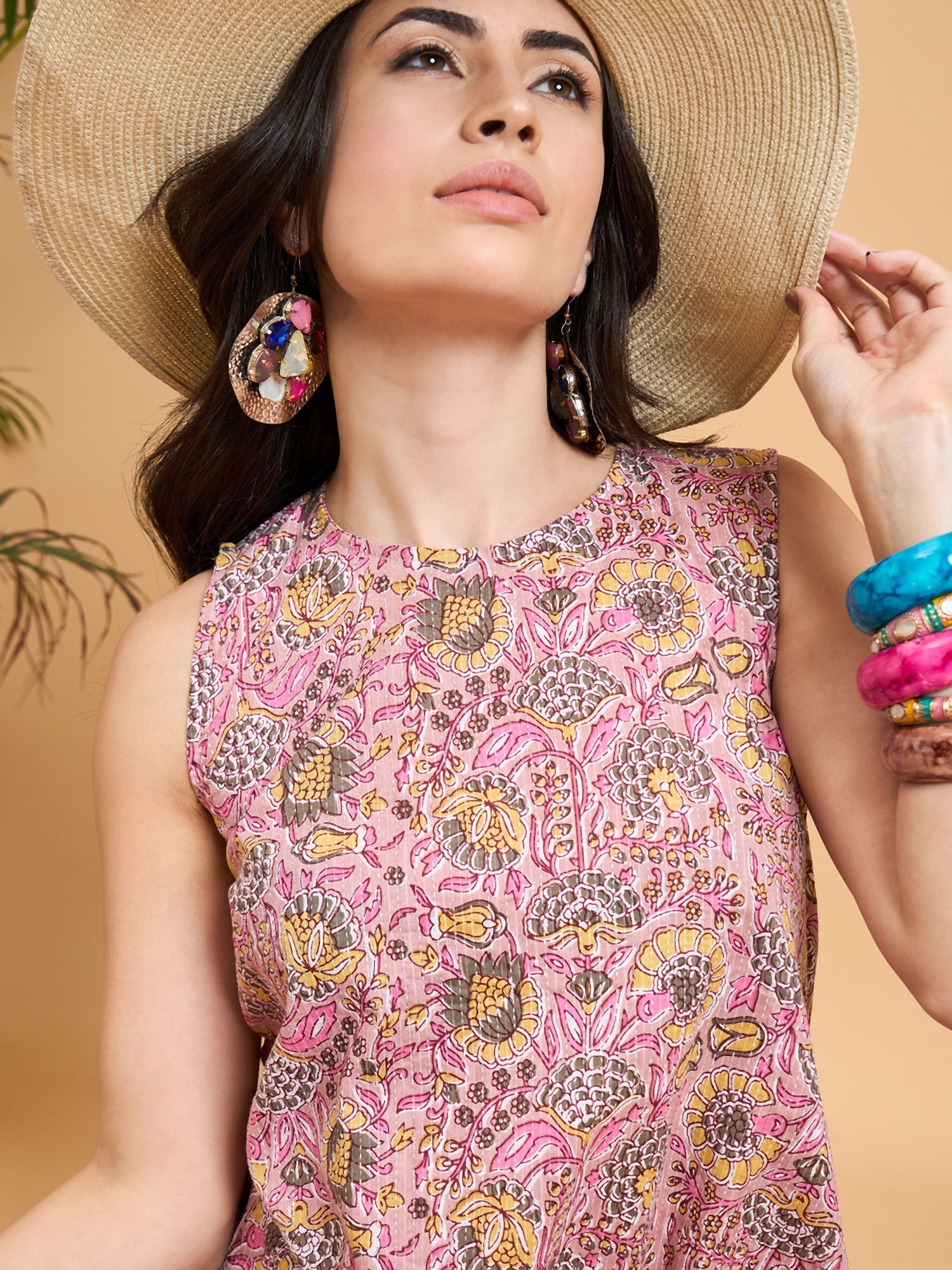 Women's Pastel Pink Kantha Floral Jaal Short Palazzo Set - InWeave