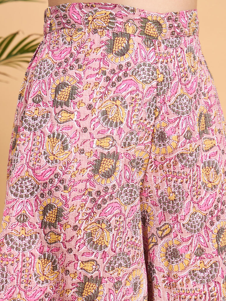 Women's Pastel Pink Kantha Floral Jaal Short Palazzo Set