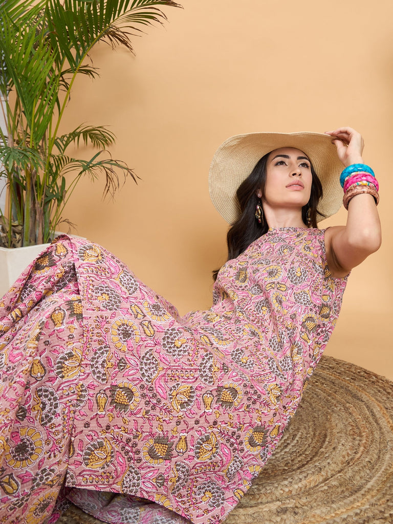 Women's Pastel Pink Kantha Floral Jaal Short Palazzo Set