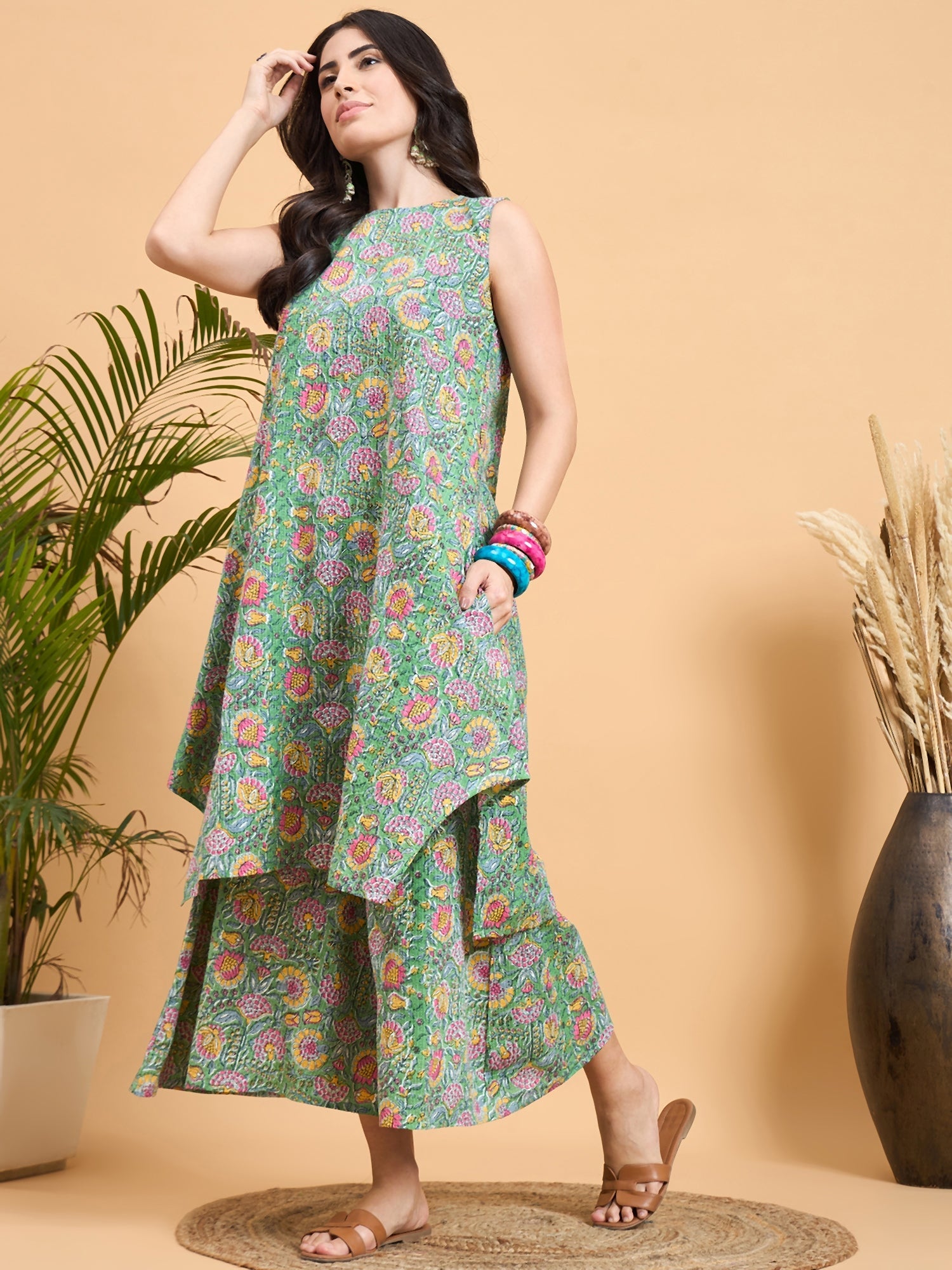 Women's Mint Green Kantha Floral Jaal Short Palazzo Set - InWeave