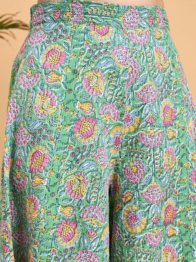 Women's Mint Green Kantha Floral Jaal Short Palazzo Set