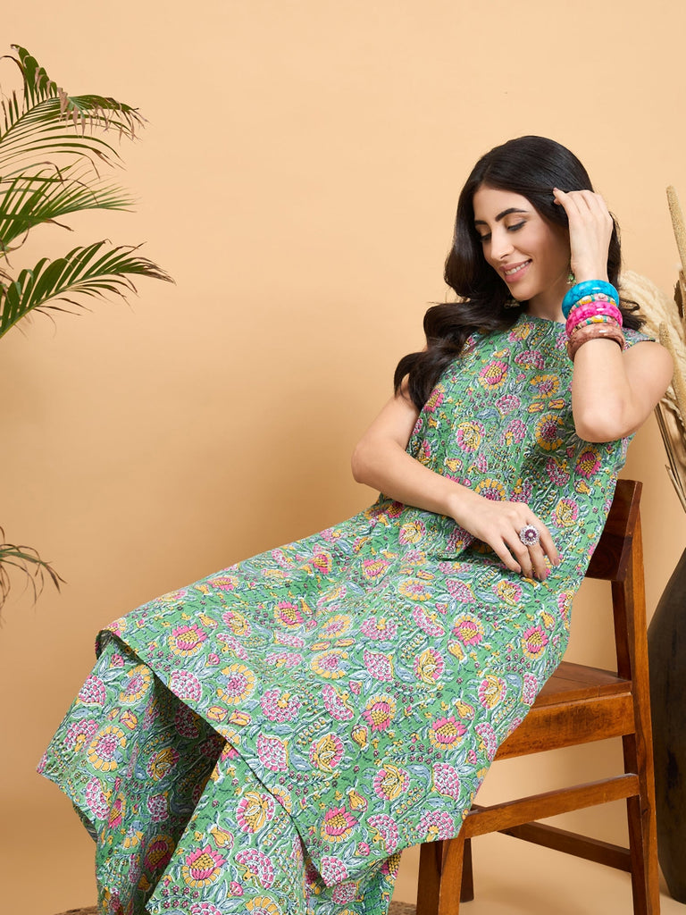 Women's Mint Green Kantha Floral Jaal Short Palazzo Set