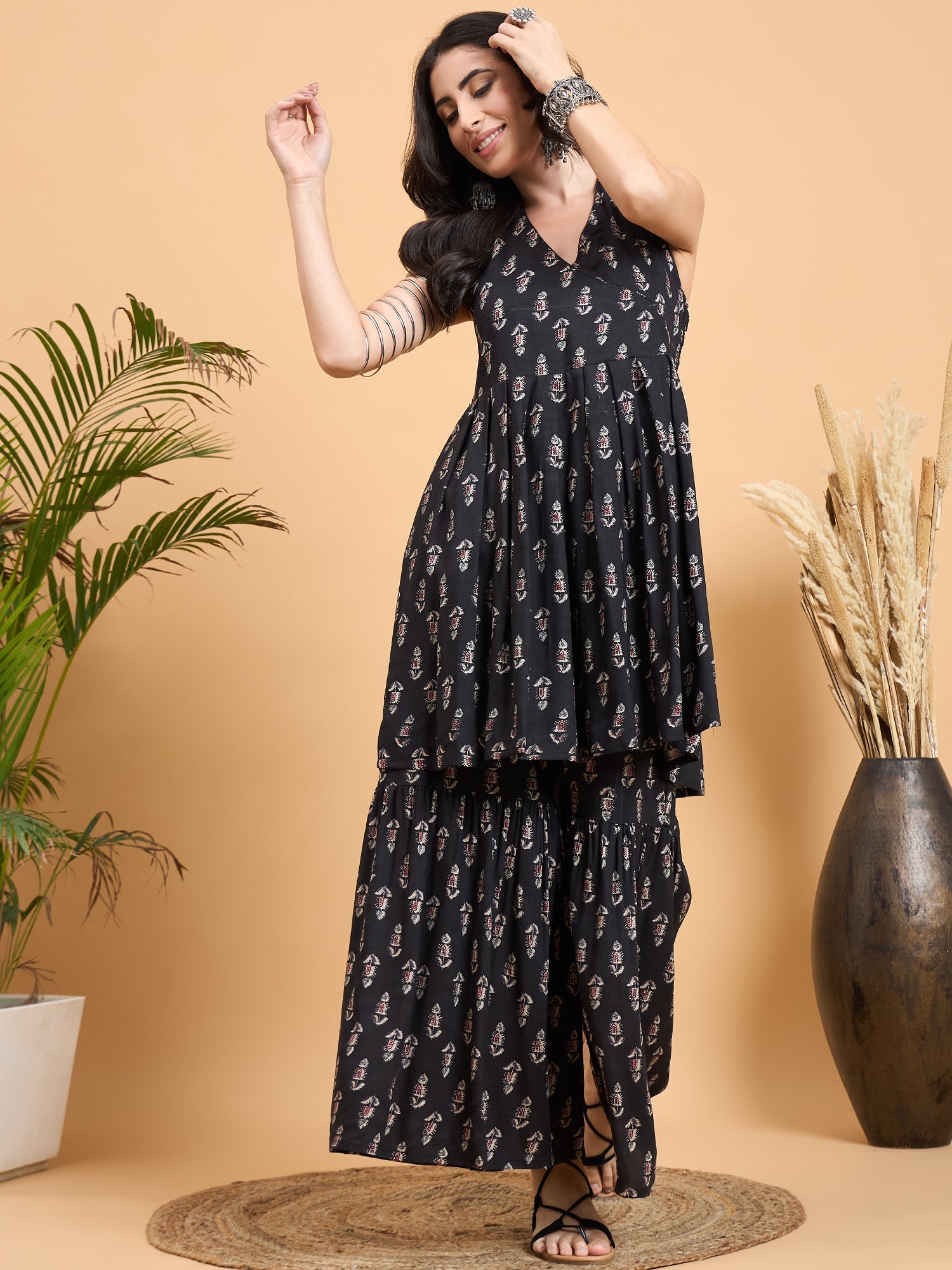 Women's Black Booti Rapid Print Backless Kurta Sharara Set - InWeave