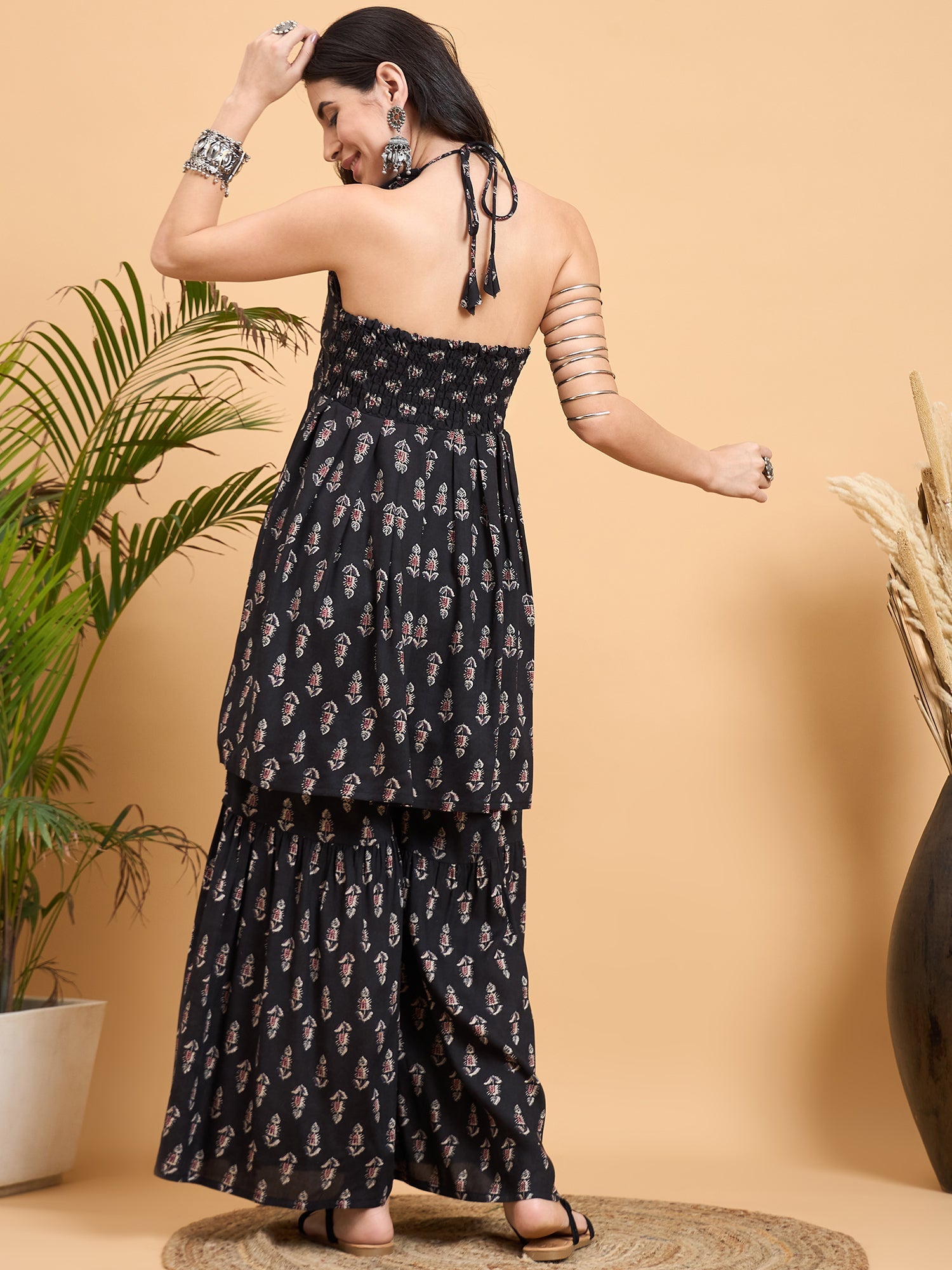 Women's Black Booti Rapid Print Backless Kurta Sharara Set - InWeave