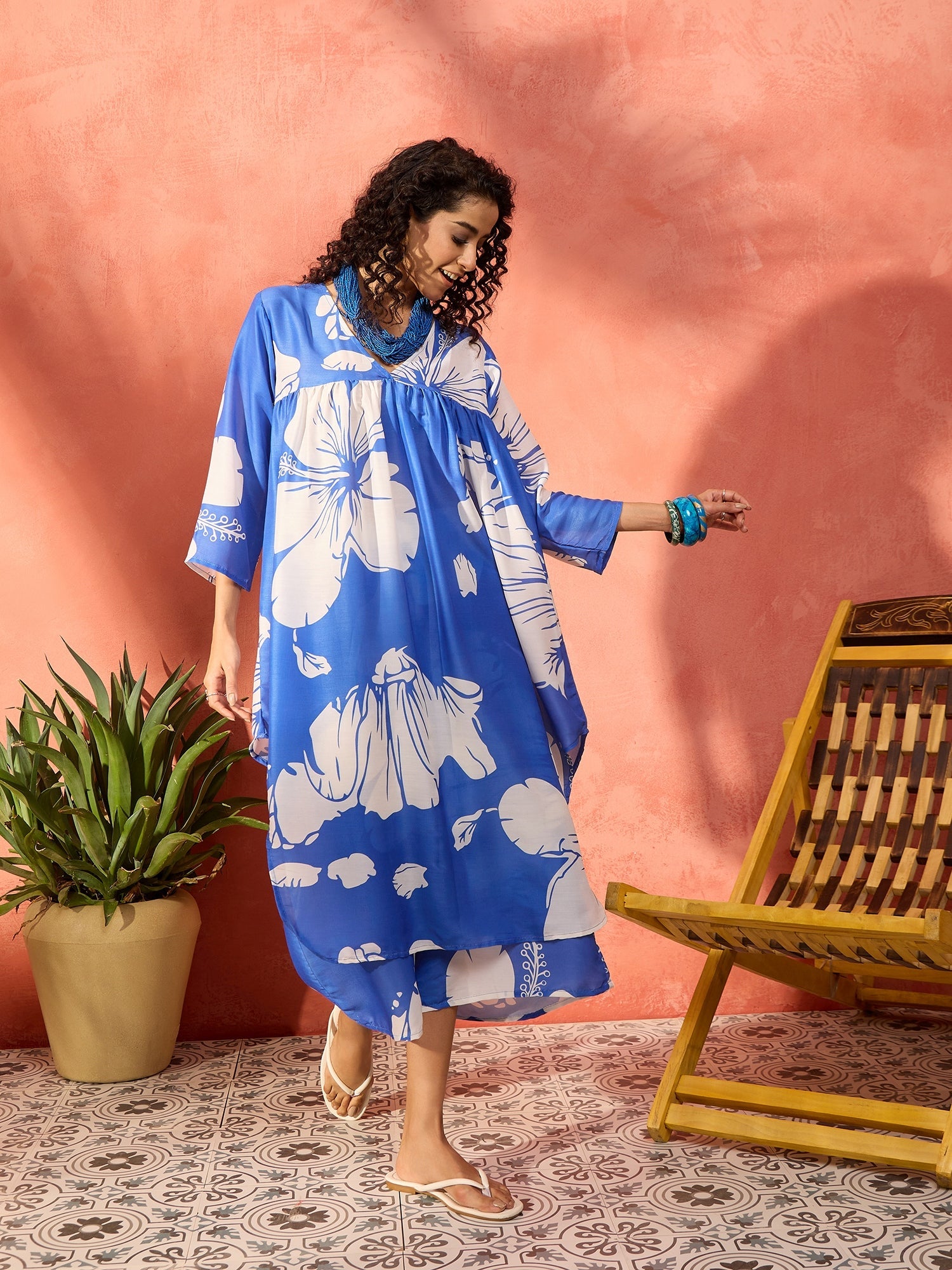 Women's Azure Blue Hibiscus Kurta Set - InWeave