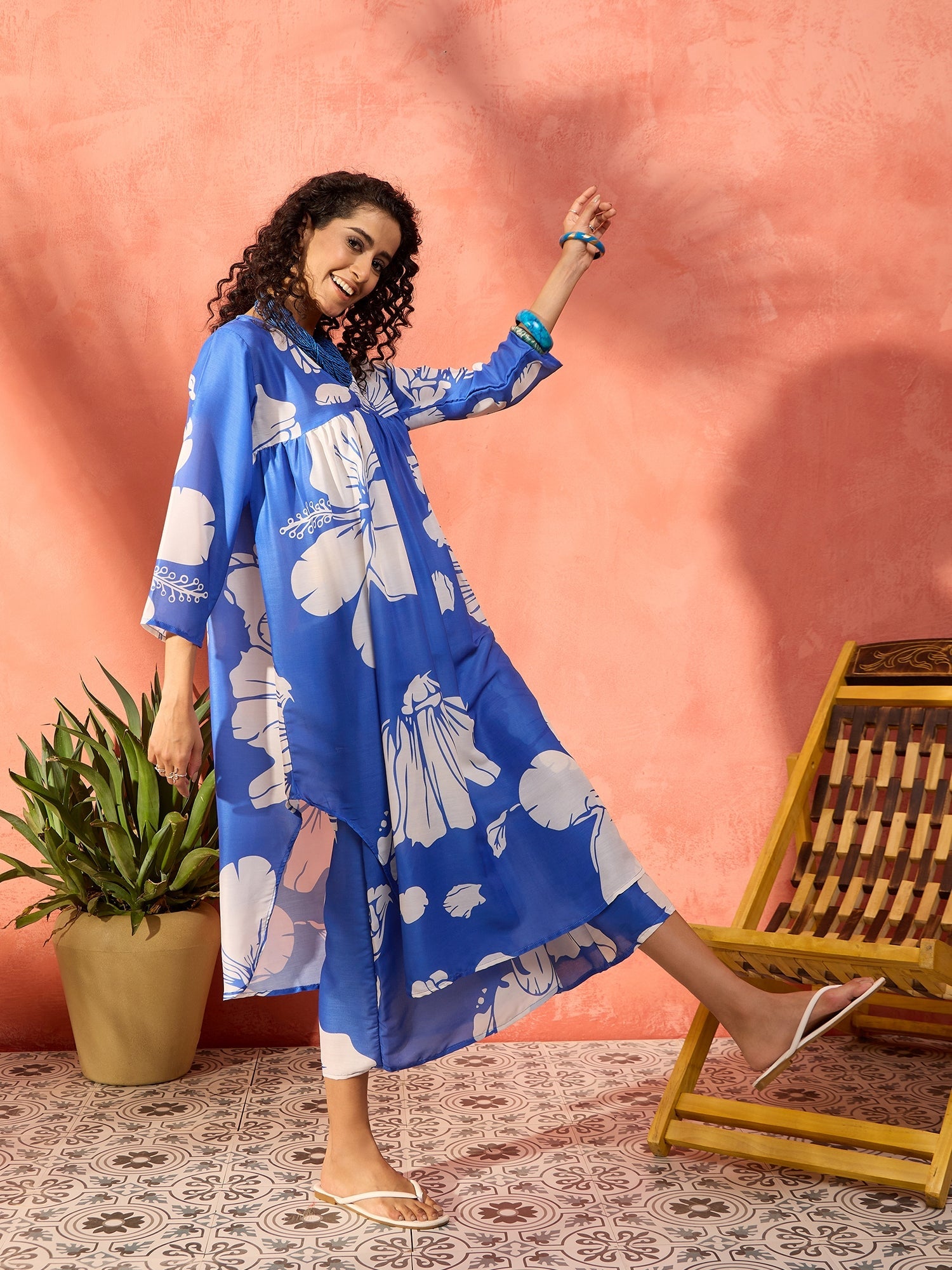 Women's Azure Blue Hibiscus Kurta Set - InWeave