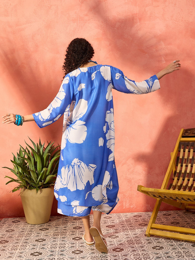 Women's Azure Blue Hibiscus Kurta Set