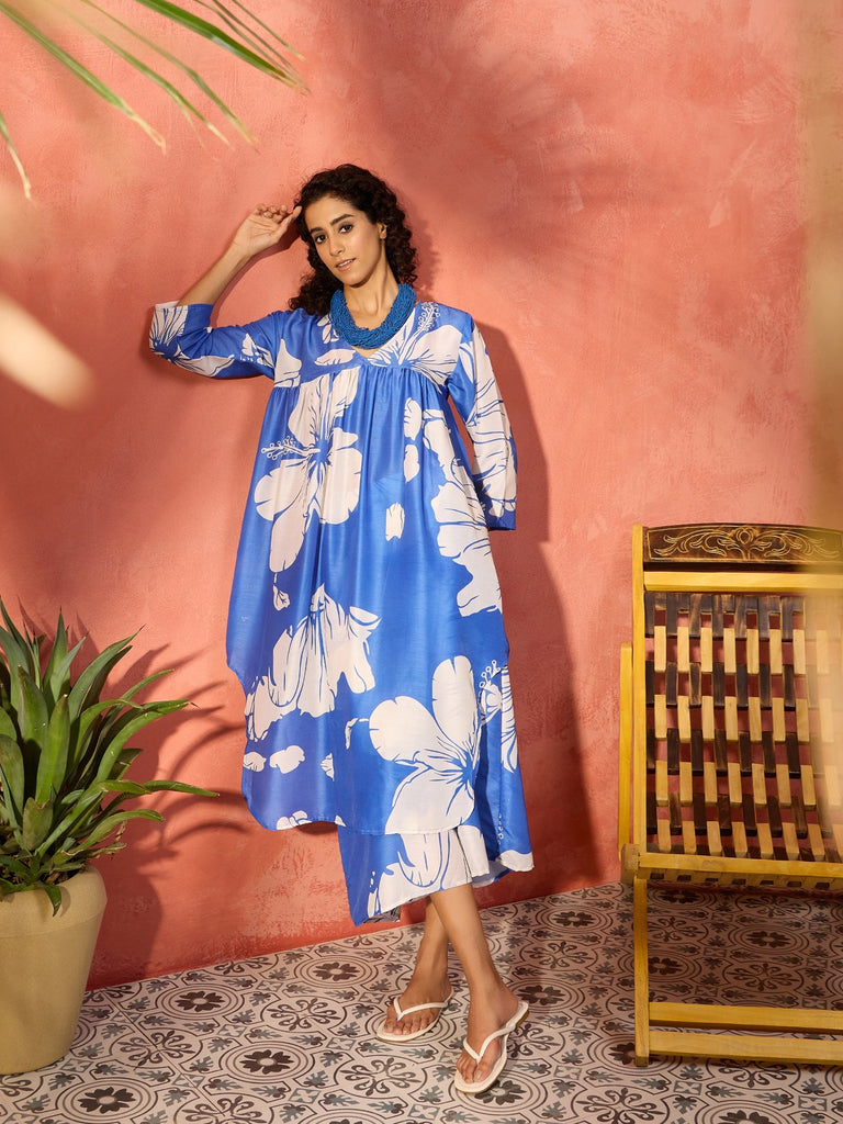 Women's Azure Blue Hibiscus Kurta Set