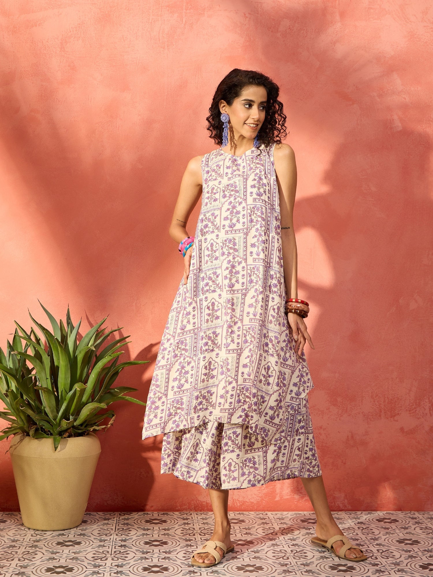 Women's Mauve Ethnic Window Floral Short Palazzo Kurta Set - InWeave