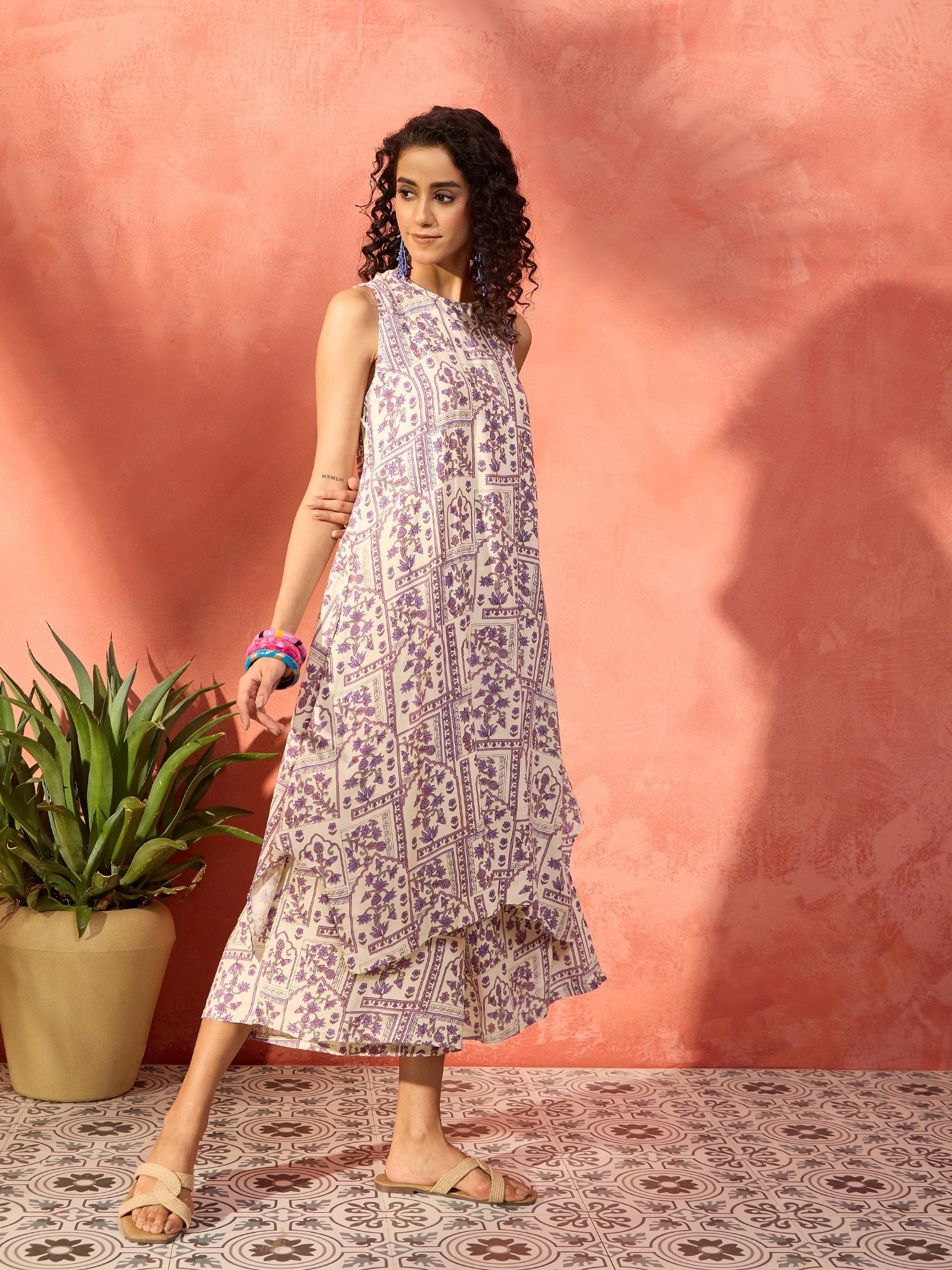 Women's Mauve Ethnic Window Floral Short Palazzo Kurta Set - InWeave