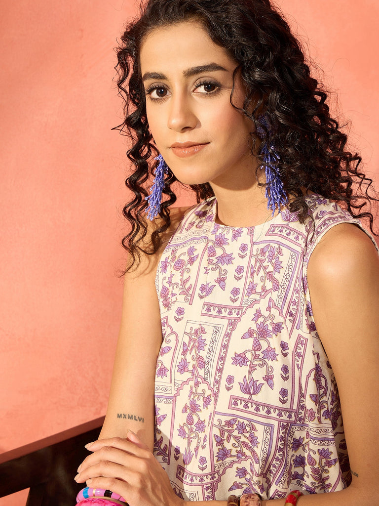 Women's Mauve Ethnic Window Floral Short Palazzo Kurta Set