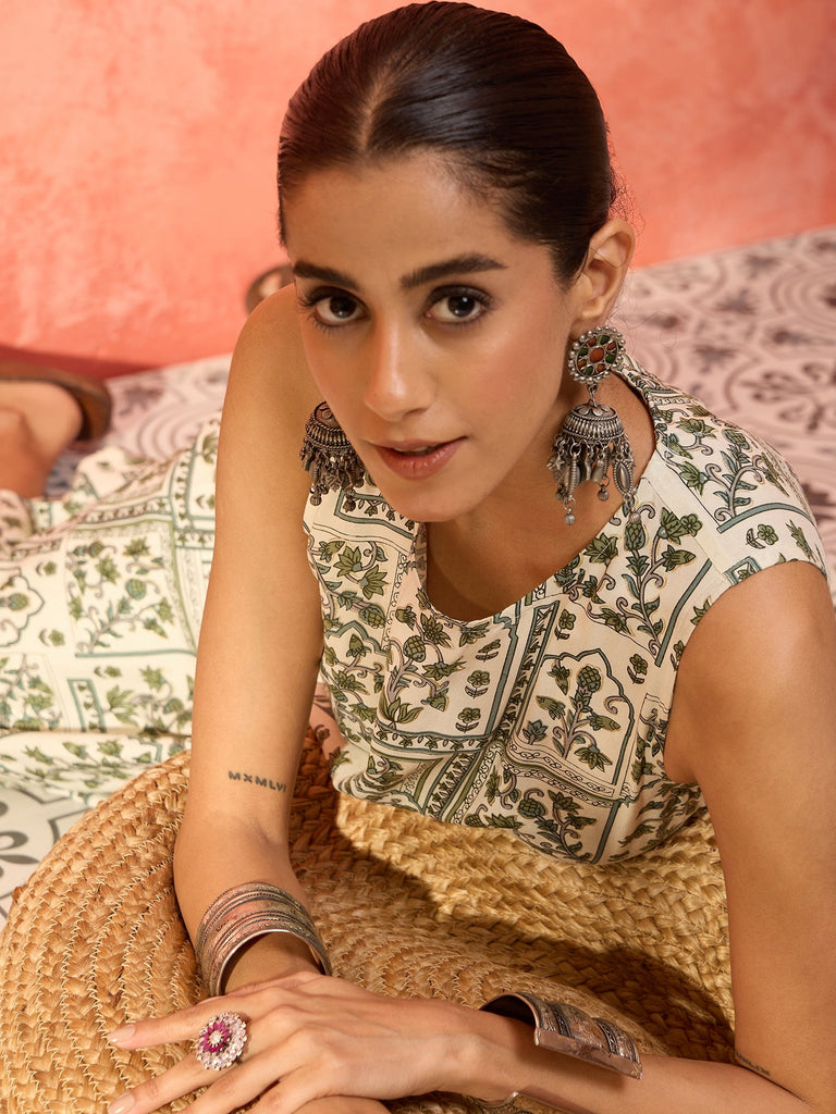 Women's Sea Green Ethnic Window Floral Short Palazzo Kurta Set