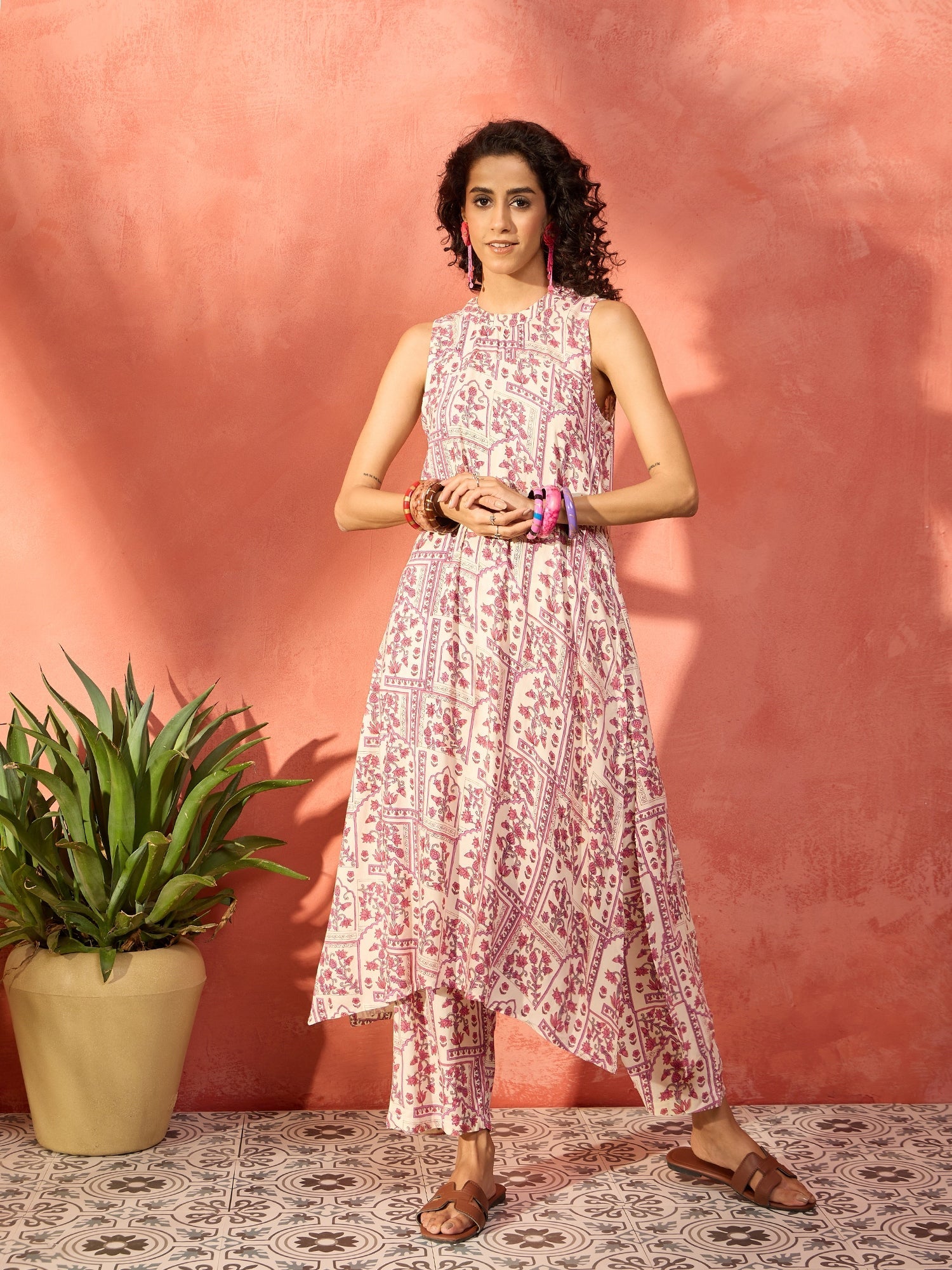 Women's Rose Pink Ethnic Window Floral Halter Neck Kurta Set - InWeave